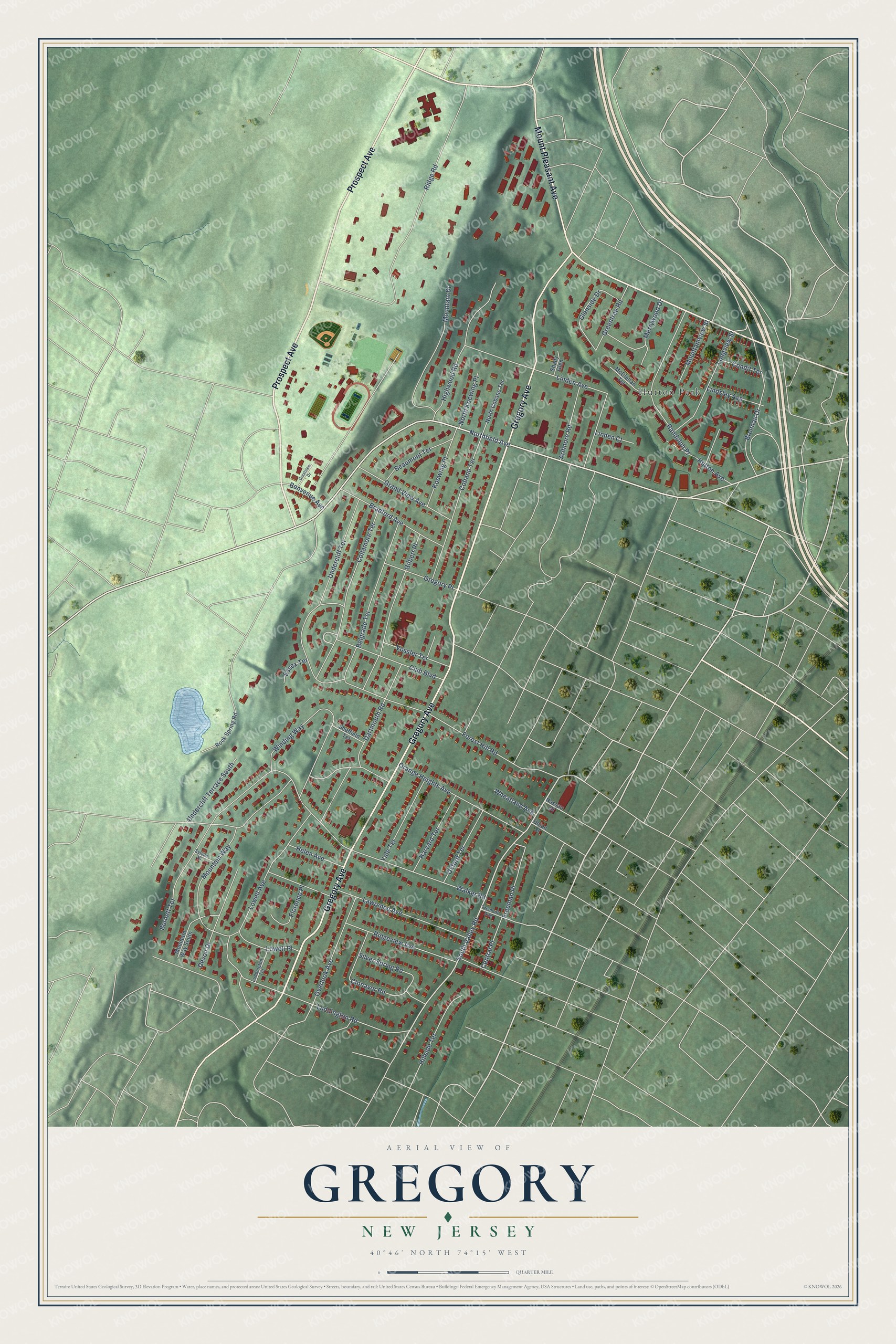 Full map of Gregory, New Jersey, with red buildings, printed street names and the land around them