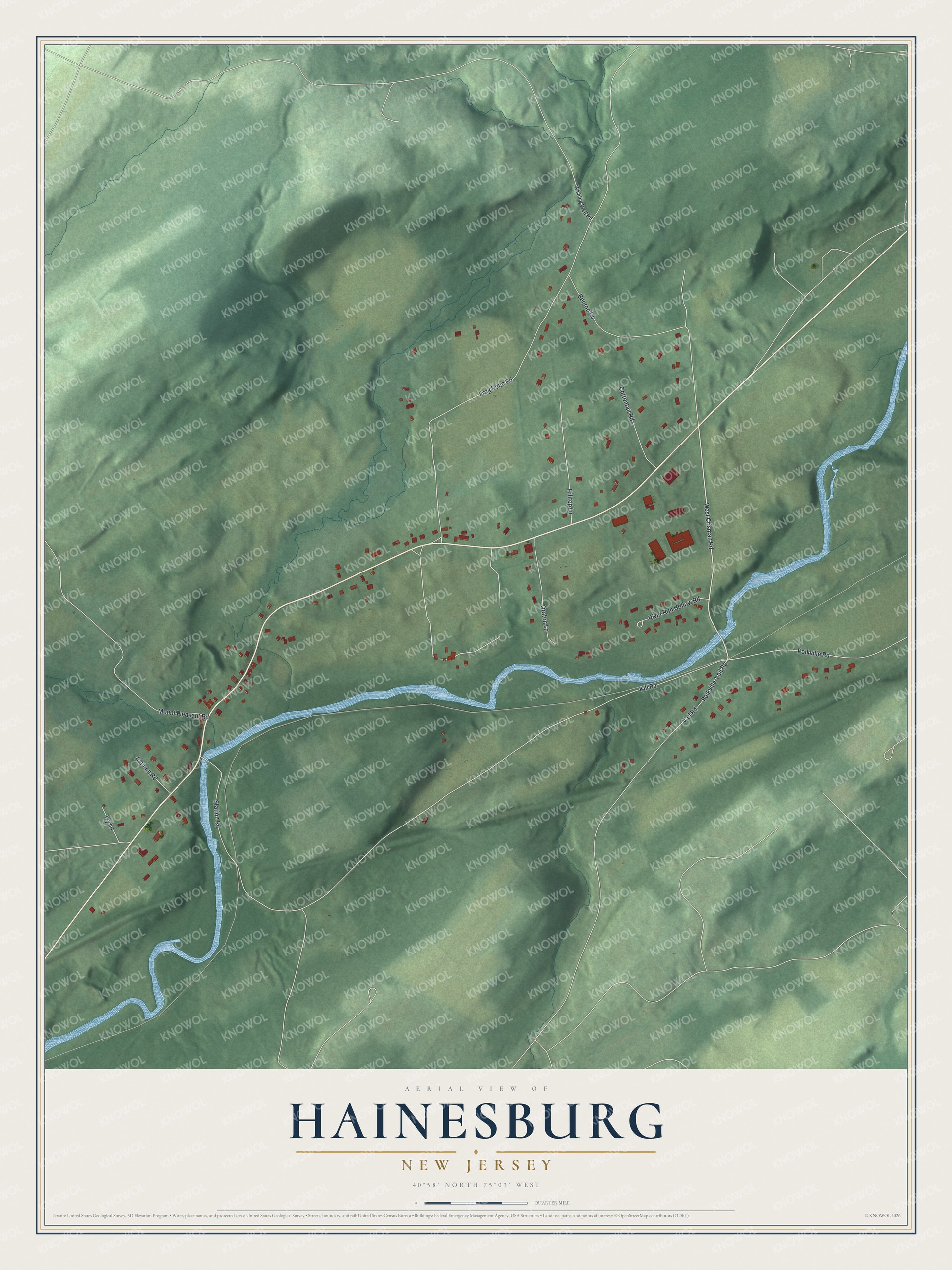 Full map of Hainesburg, New Jersey, with red buildings, printed street names and the land around them