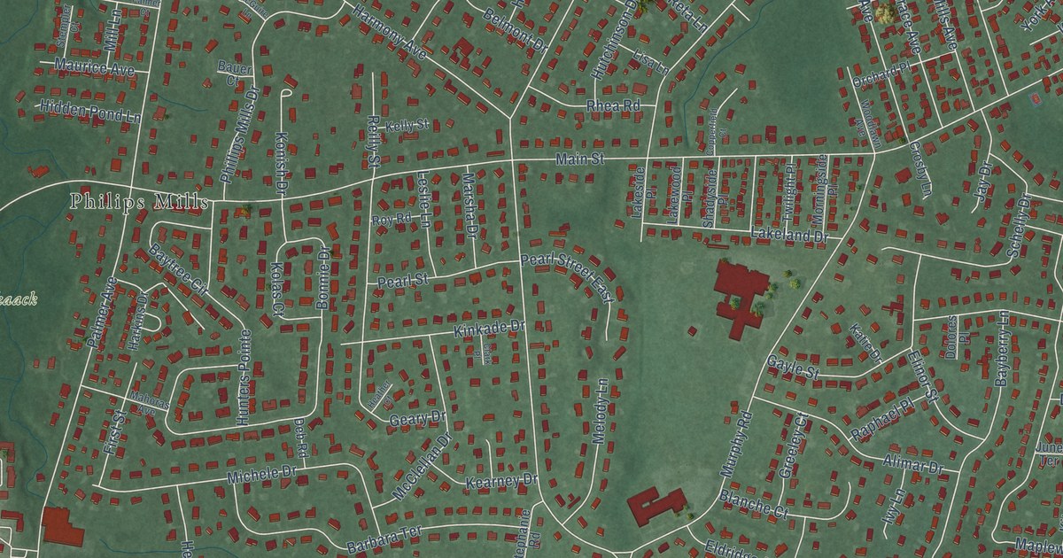 Close-up of streets and buildings in Harmony, Monmouth County, New Jersey
