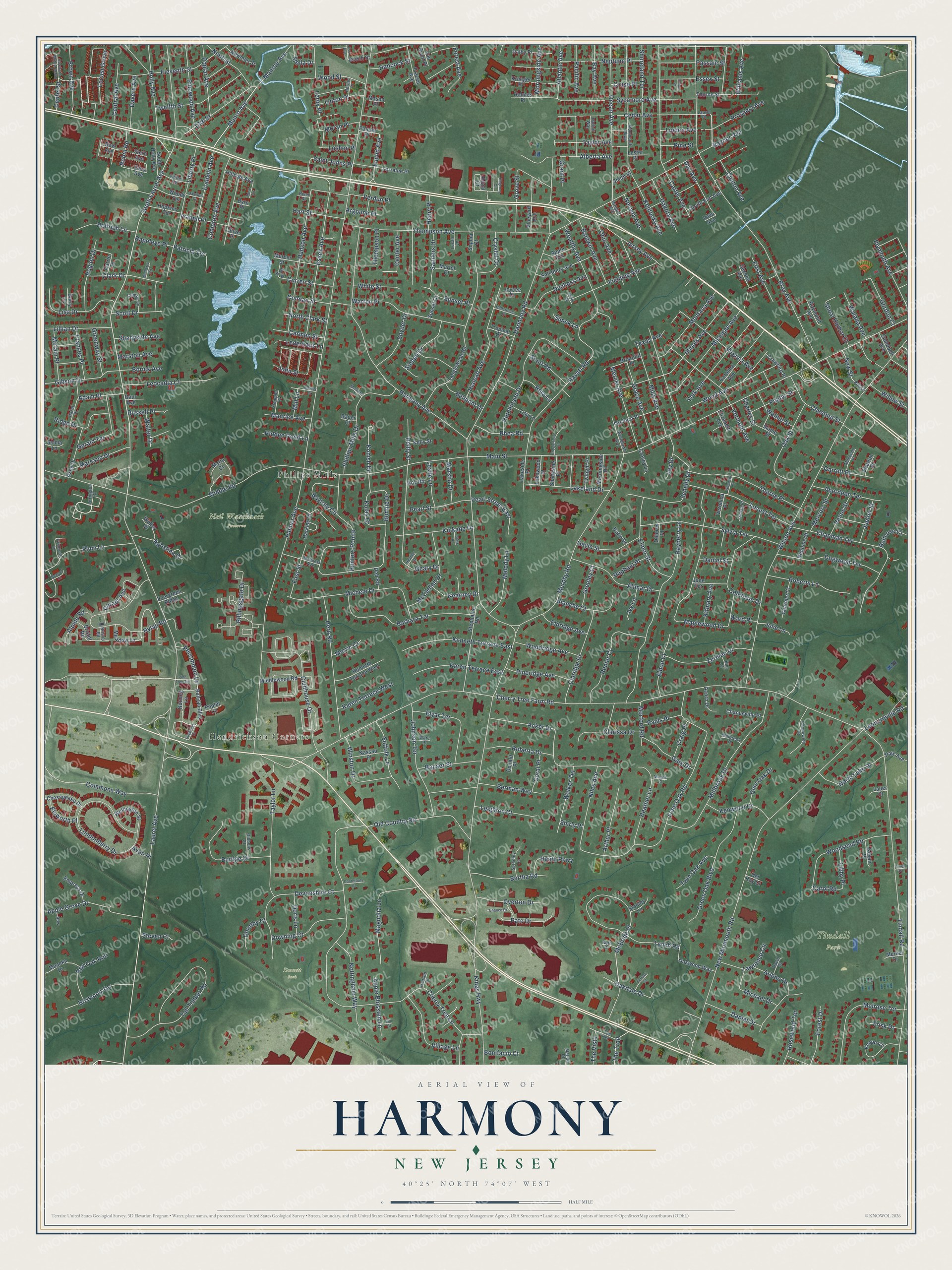 Full map of Harmony, New Jersey, with red buildings, printed street names and the land around them