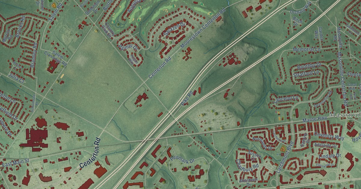 Close-up of streets and buildings in Hartford, New Jersey