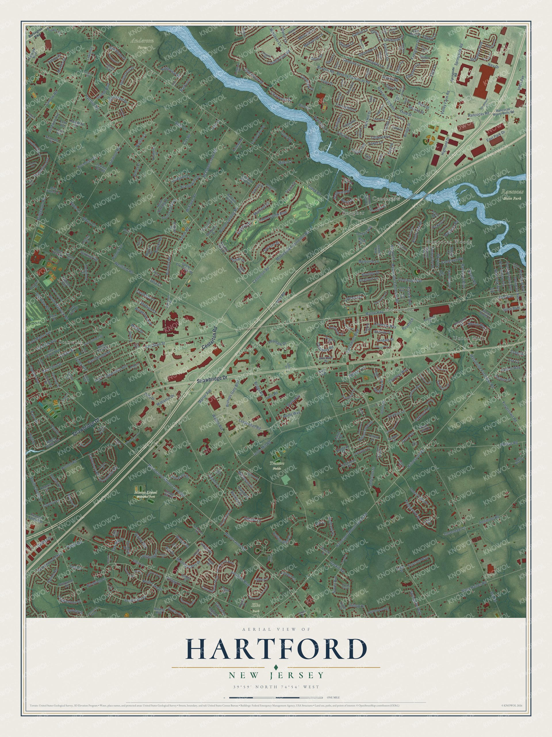 Full map of Hartford, New Jersey, with red buildings, printed street names and the land around them