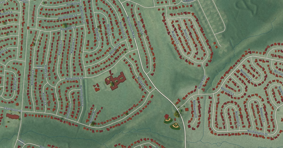 Close-up of streets and buildings in Hawthorne Park, New Jersey