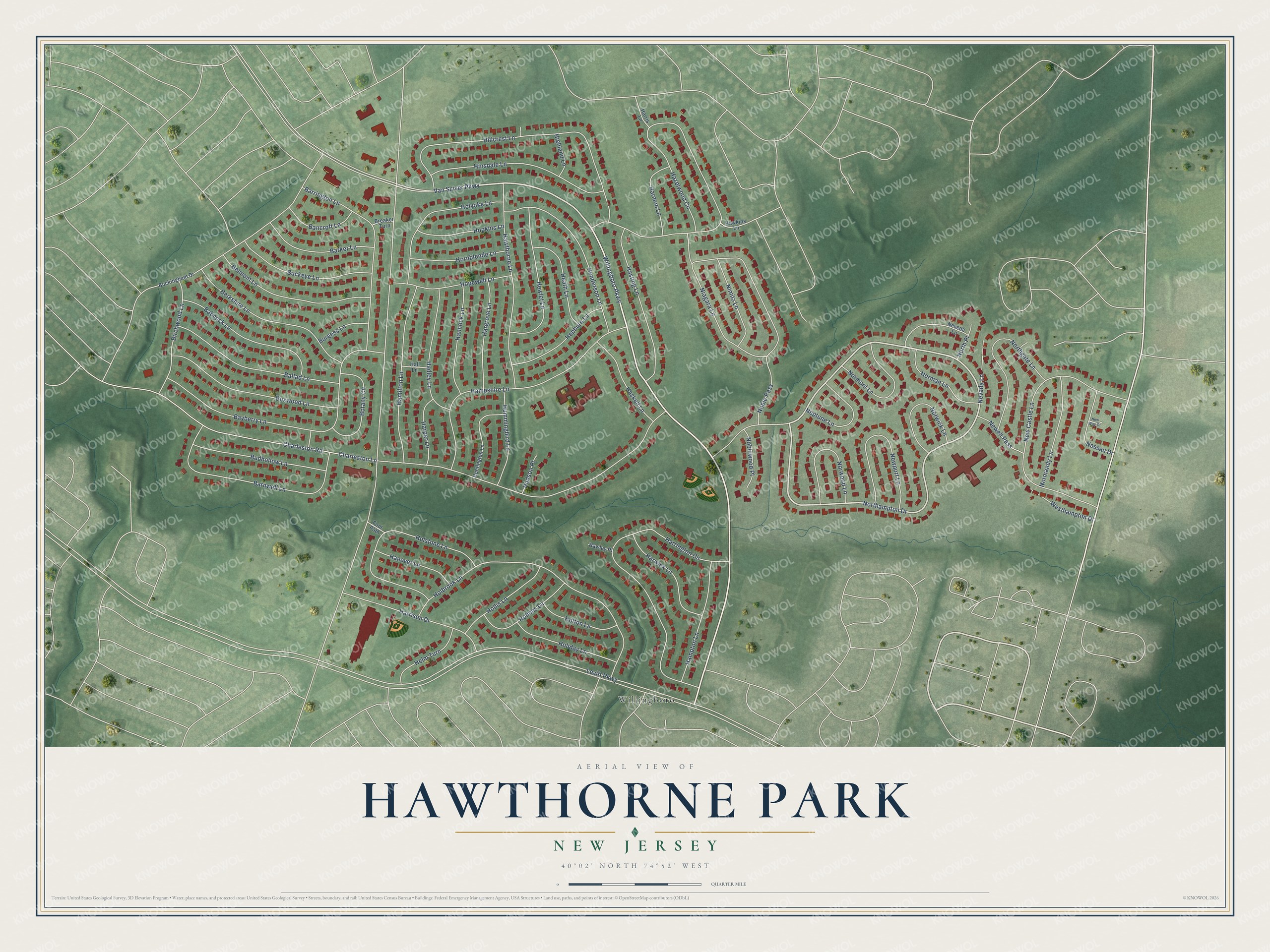 Full map of Hawthorne Park, New Jersey, with red buildings, printed street names and the land around them