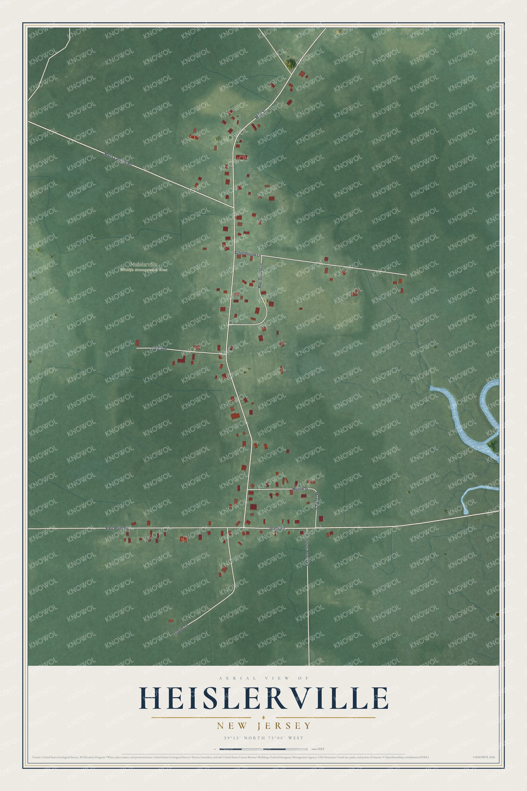Full map of Heislerville, New Jersey, with red buildings, printed street names and the land around them