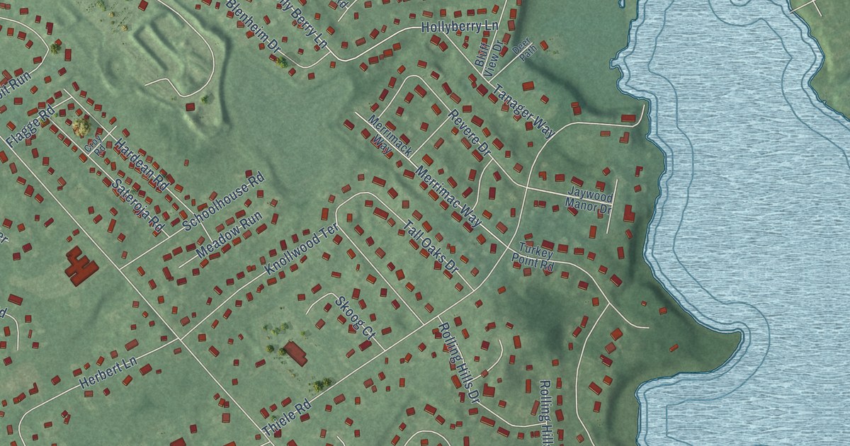 Close-up of streets and buildings in Herbertsville, New Jersey