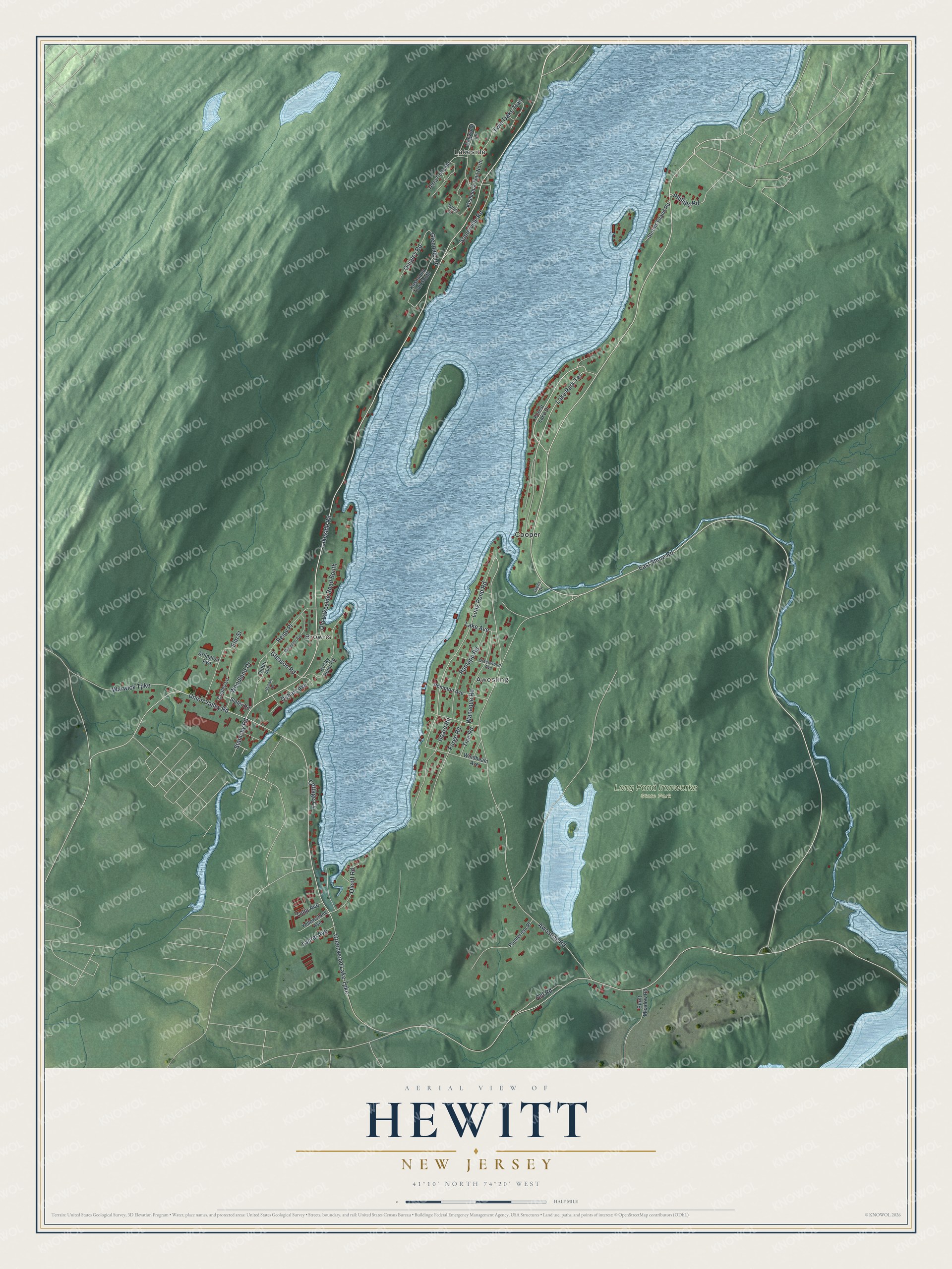 Full map of Hewitt, New Jersey, with red buildings, printed street names and the land around them