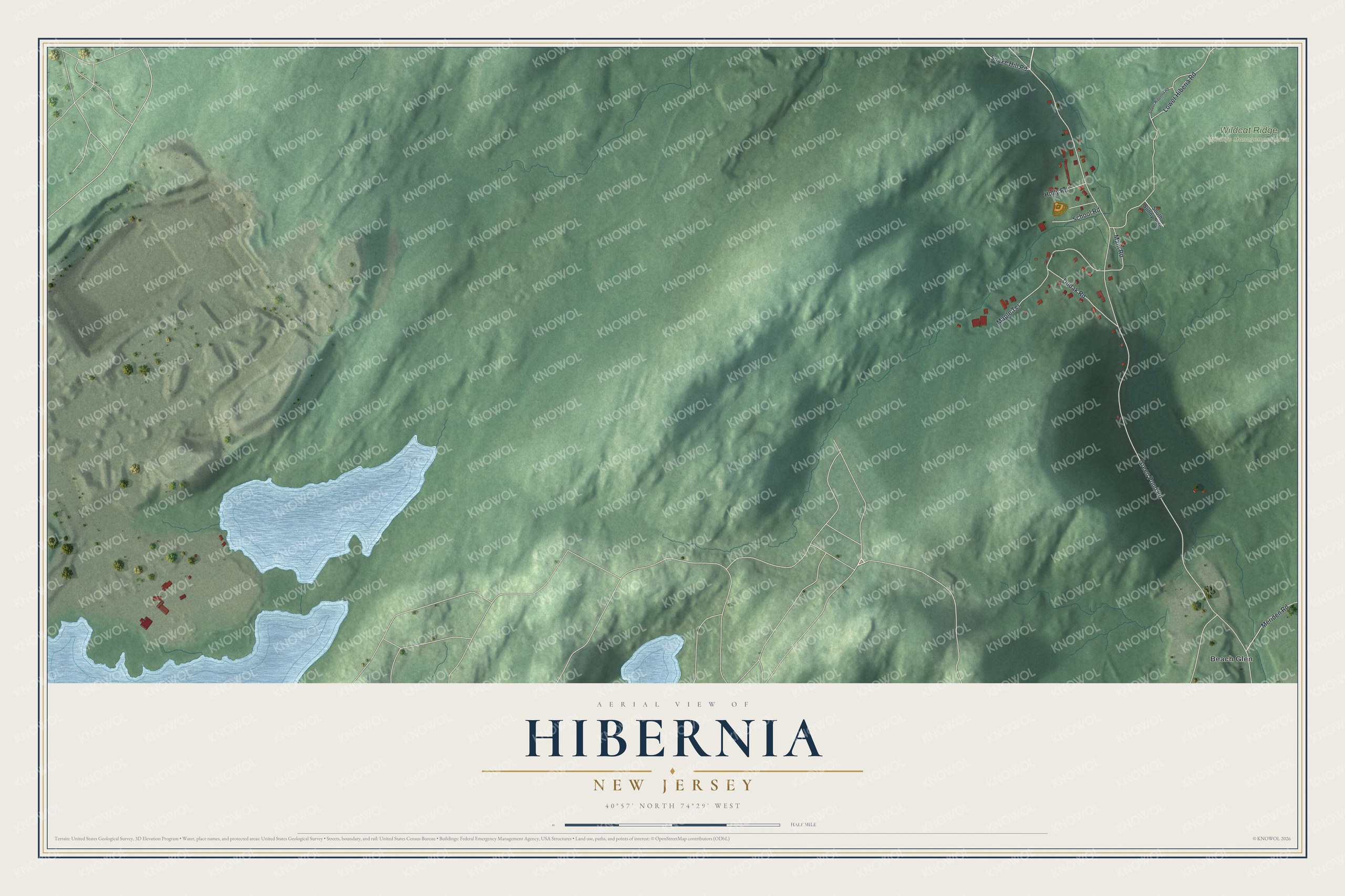 Full map of Hibernia, New Jersey, with red buildings, printed street names and the land around them