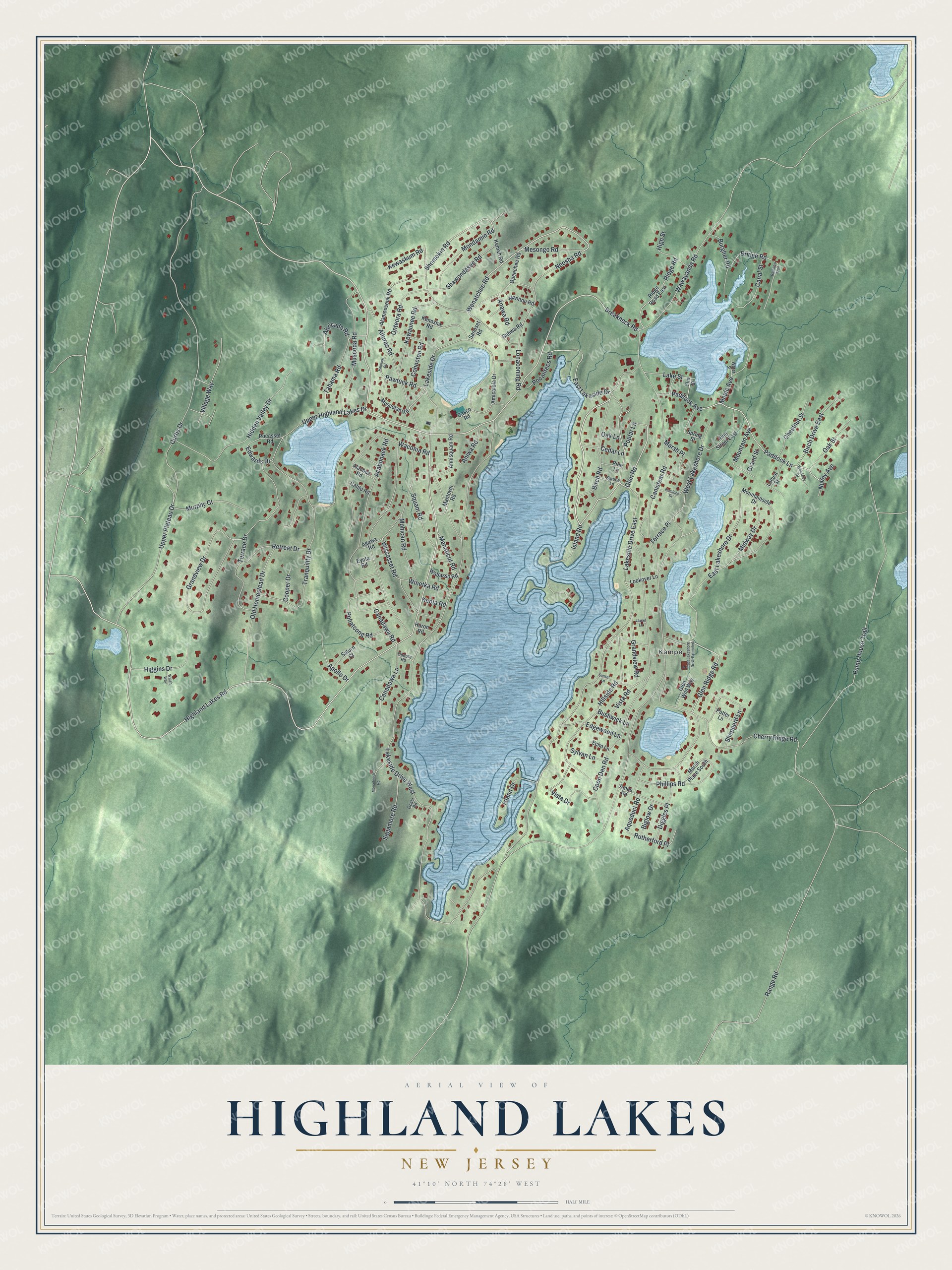 Full map of Highland Lakes, New Jersey, with red buildings, printed street names and the land around them