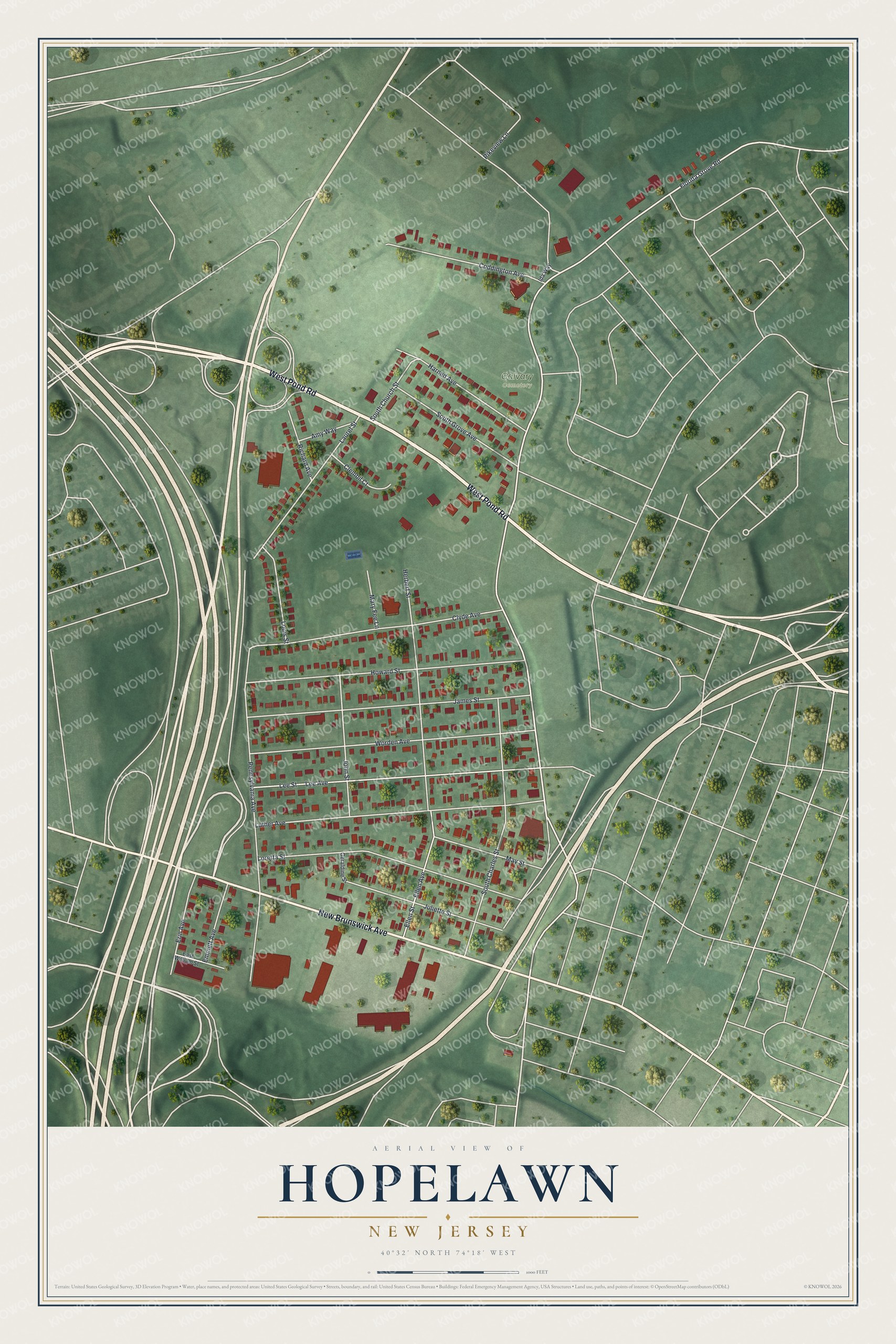 Full map of Hopelawn, New Jersey, with red buildings, printed street names and the land around them