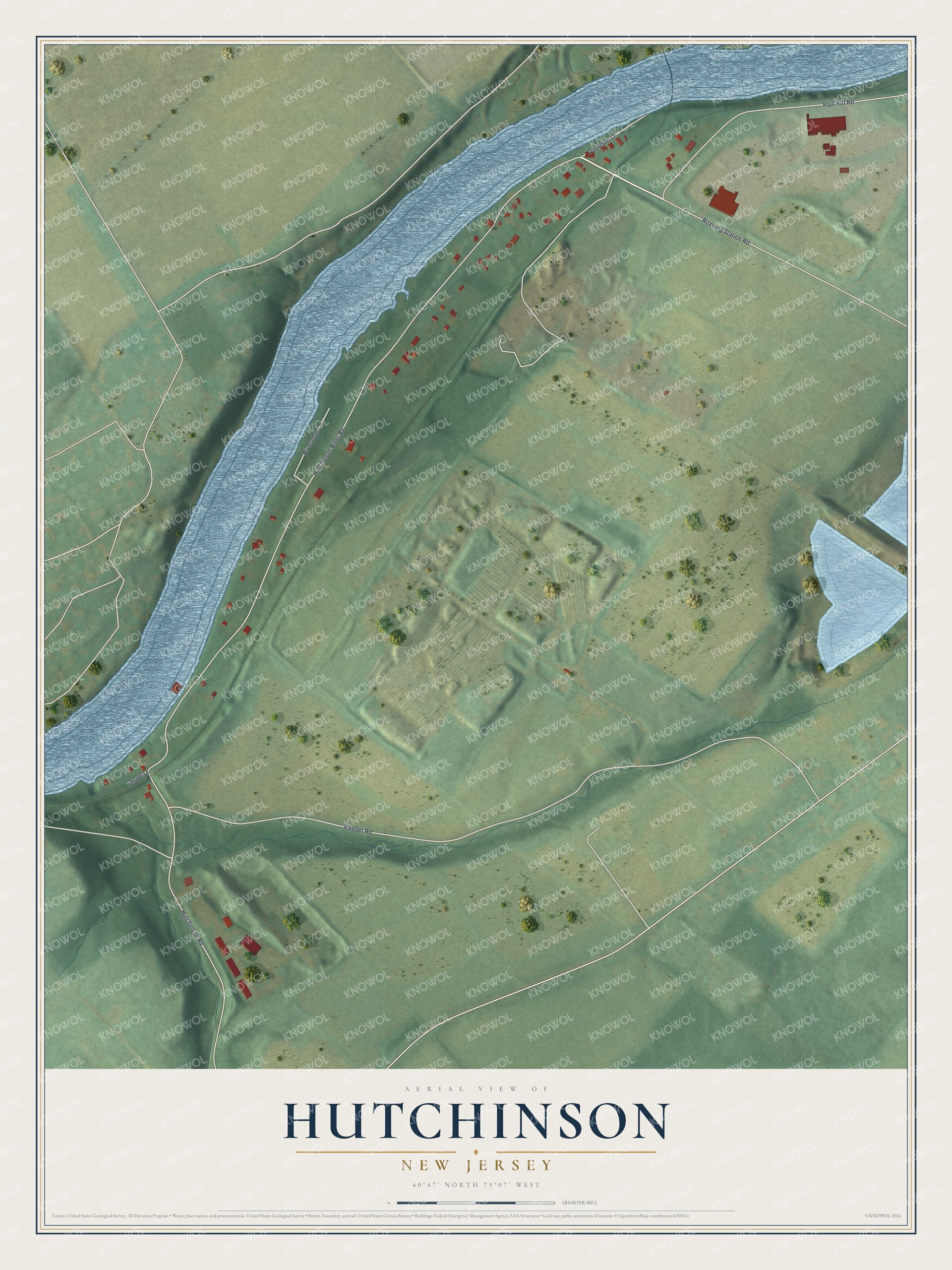 Full map of Hutchinson, New Jersey, with red buildings, printed street names and the land around them