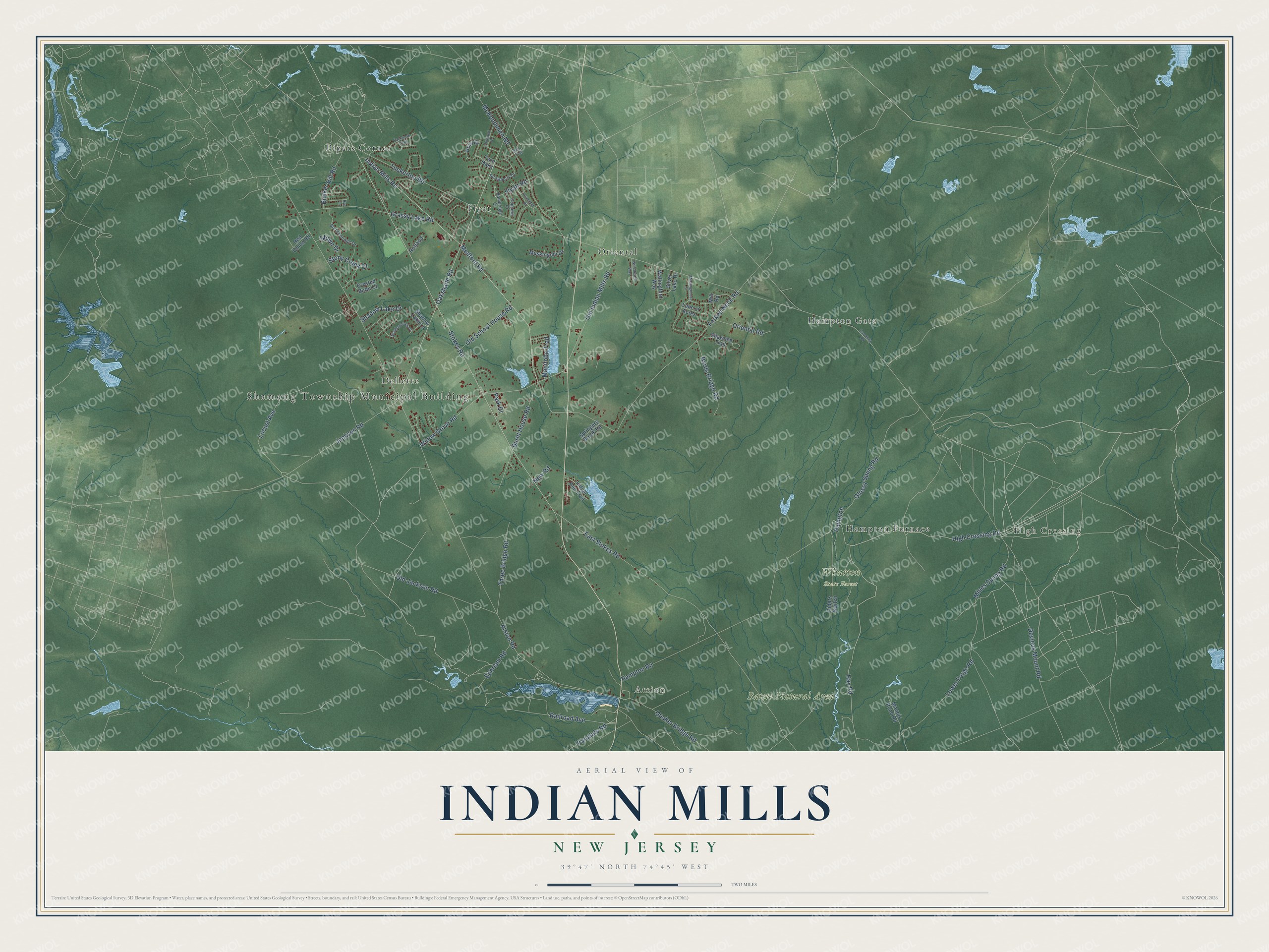 Full map of Indian Mills, New Jersey, with red buildings, printed street names and the land around them