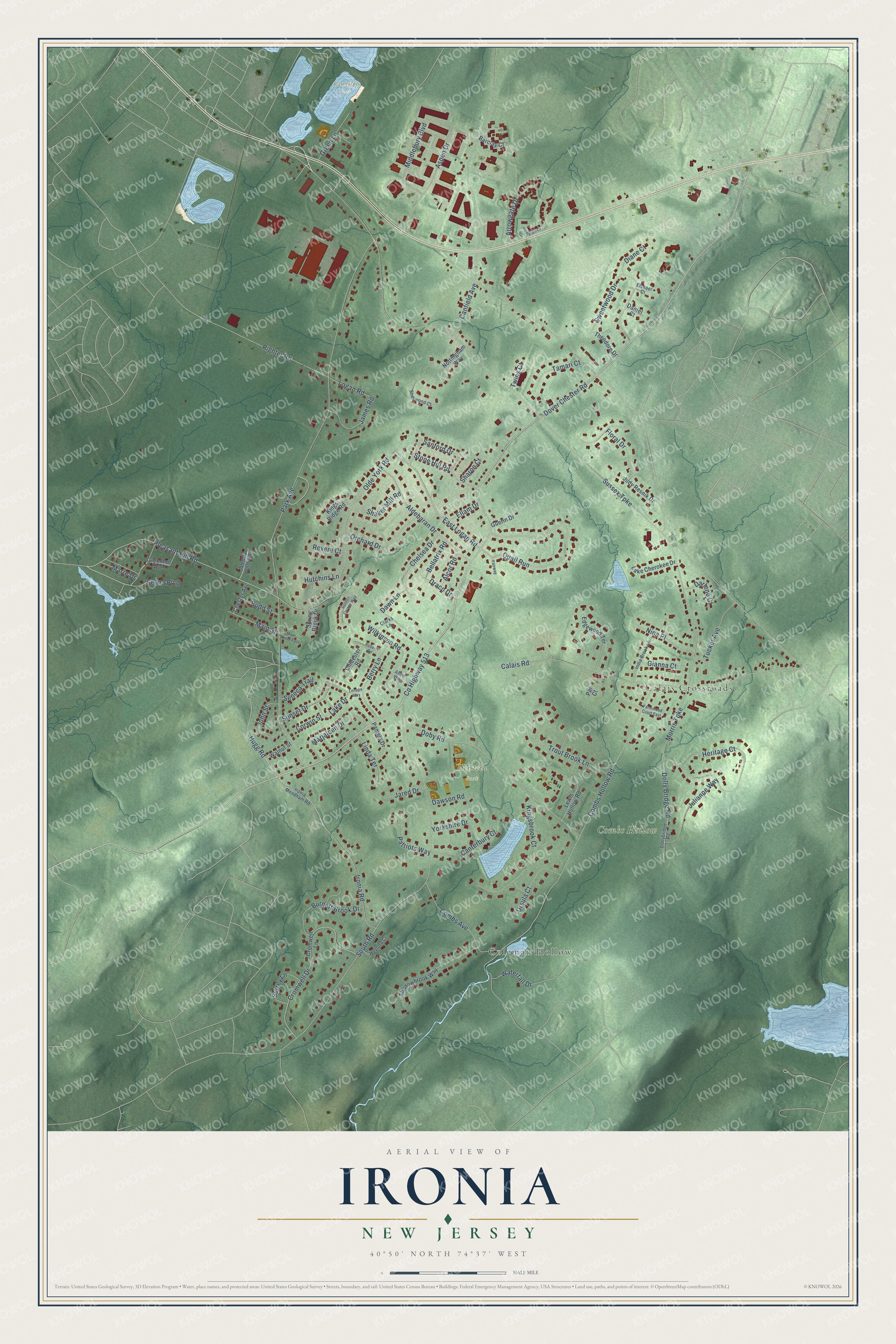 Full map of Ironia, New Jersey, with red buildings, printed street names and the land around them