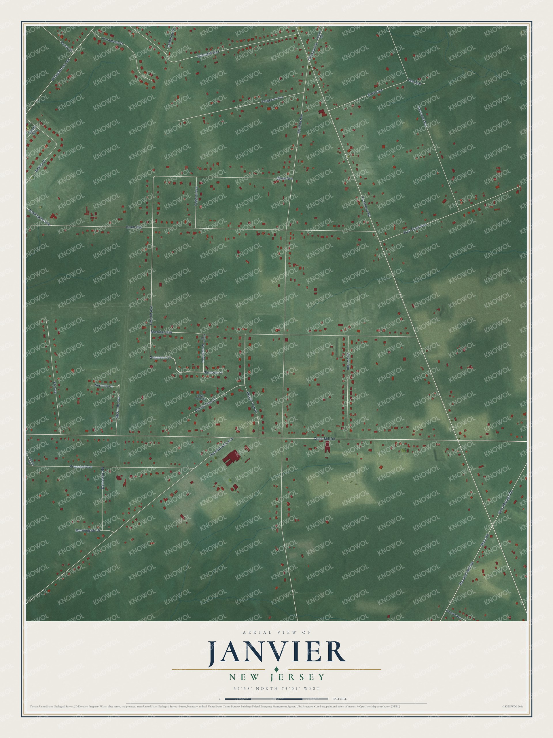 Full map of Janvier, New Jersey, with red buildings, printed street names and the land around them