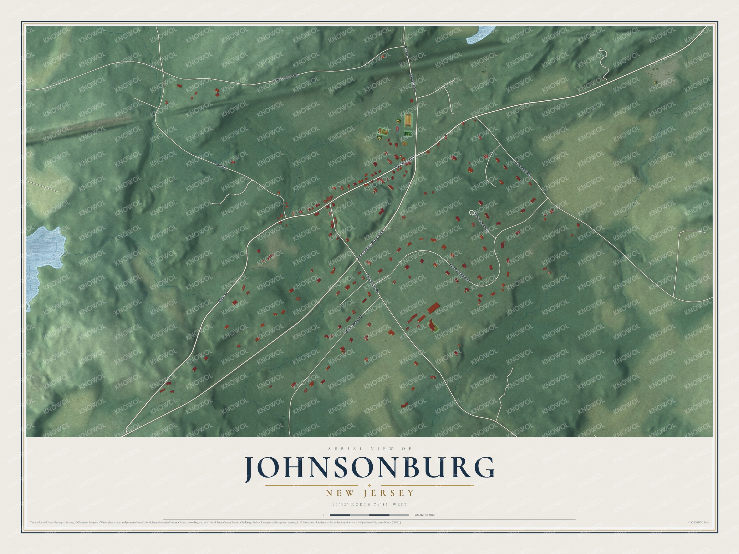 Full map of Johnsonburg, New Jersey, with red buildings, printed street names and the land around them