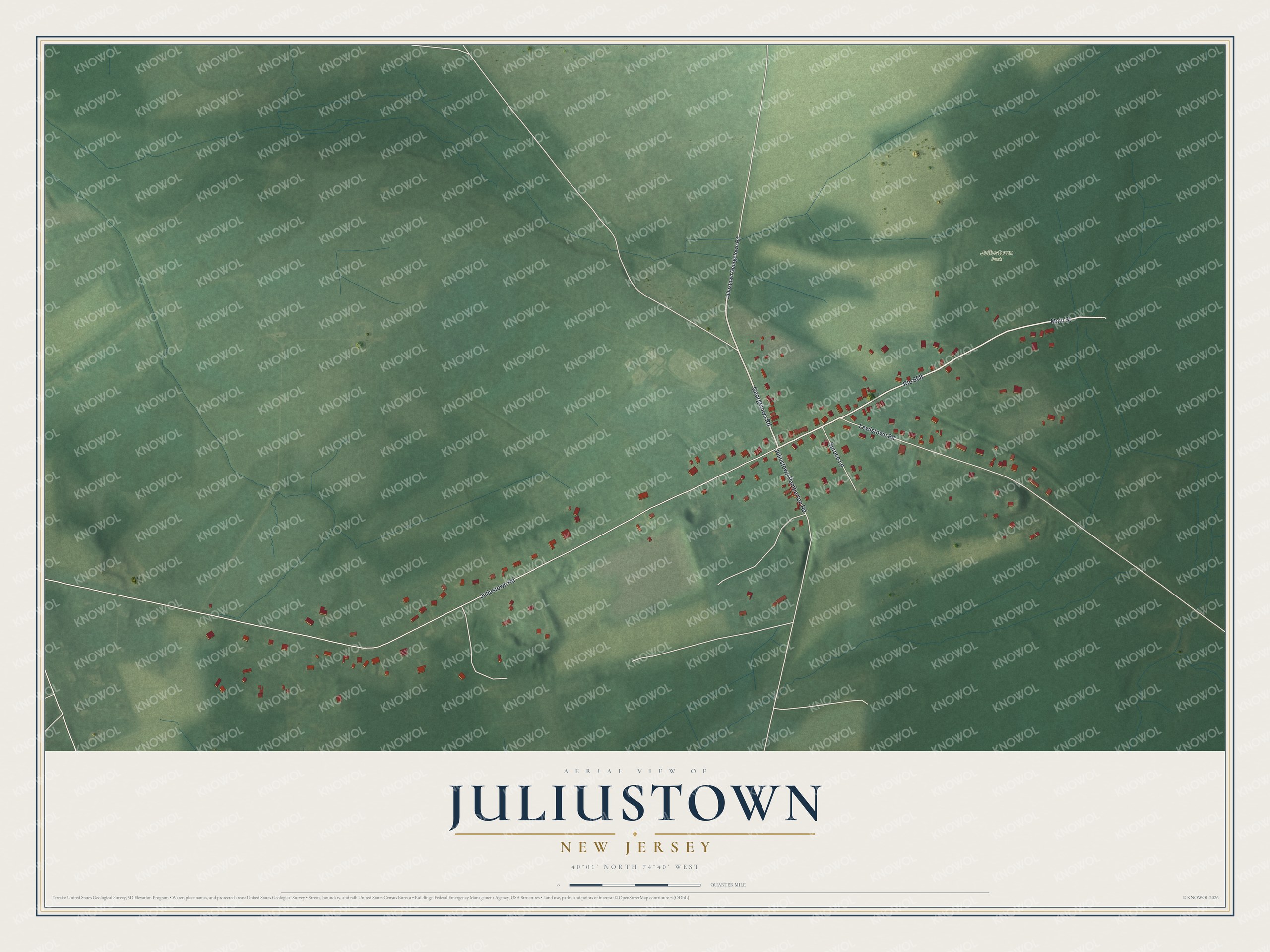 Full map of Juliustown, New Jersey, with red buildings, printed street names and the land around them