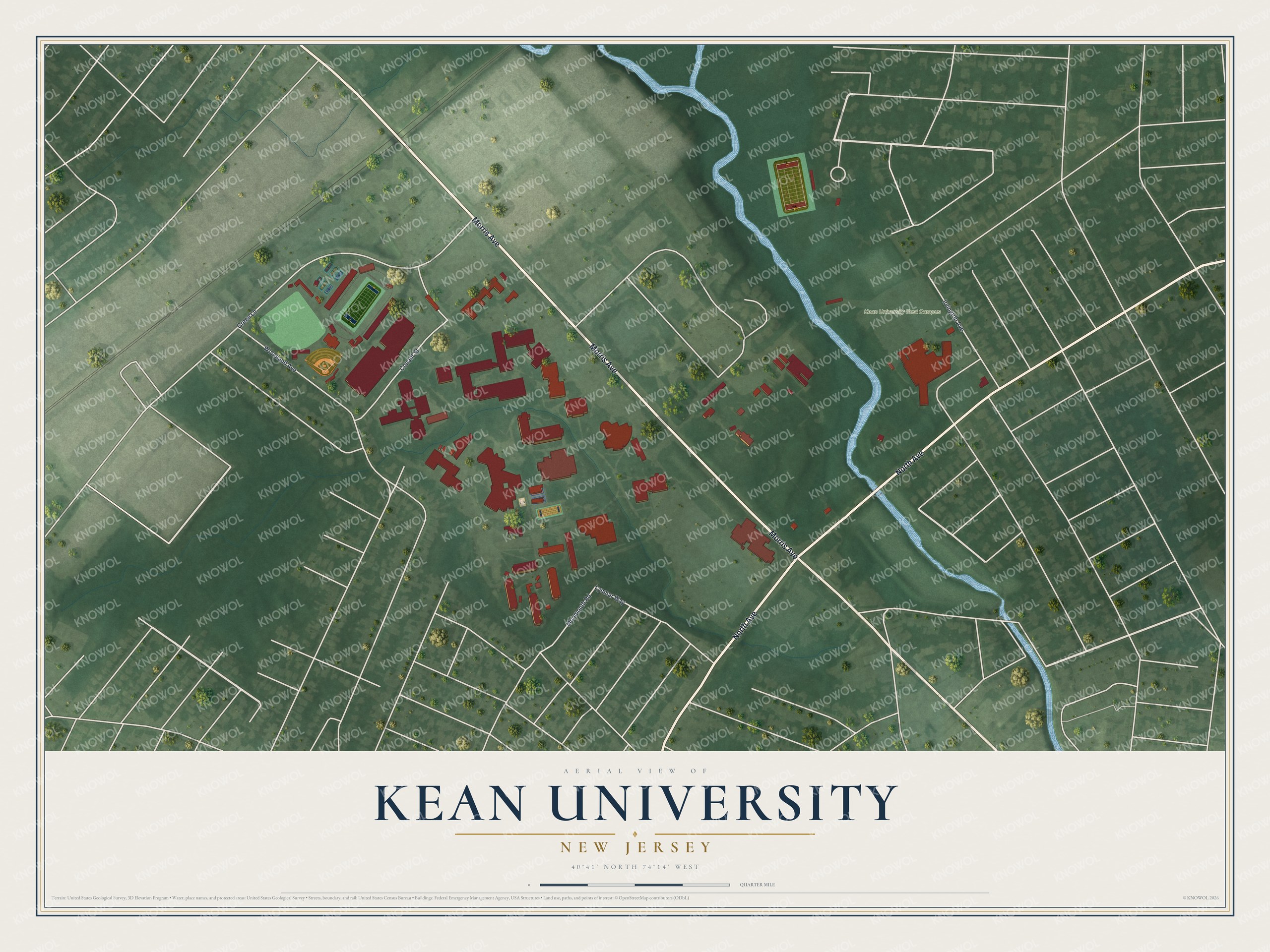 Full map of Kean University, New Jersey, with red buildings, printed street names and the land around them