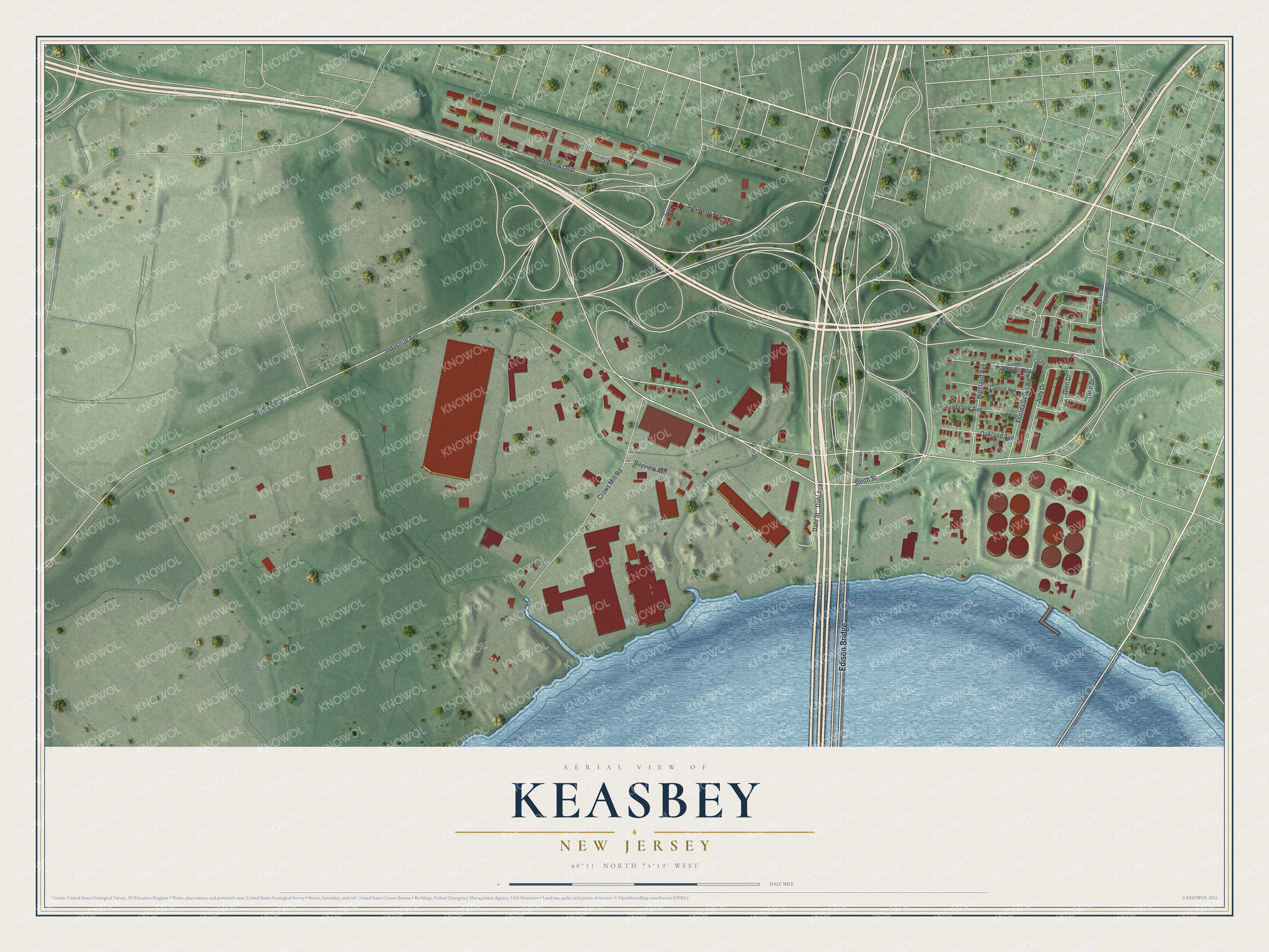 Full map of Keasbey, New Jersey, with red buildings, printed street names and the land around them