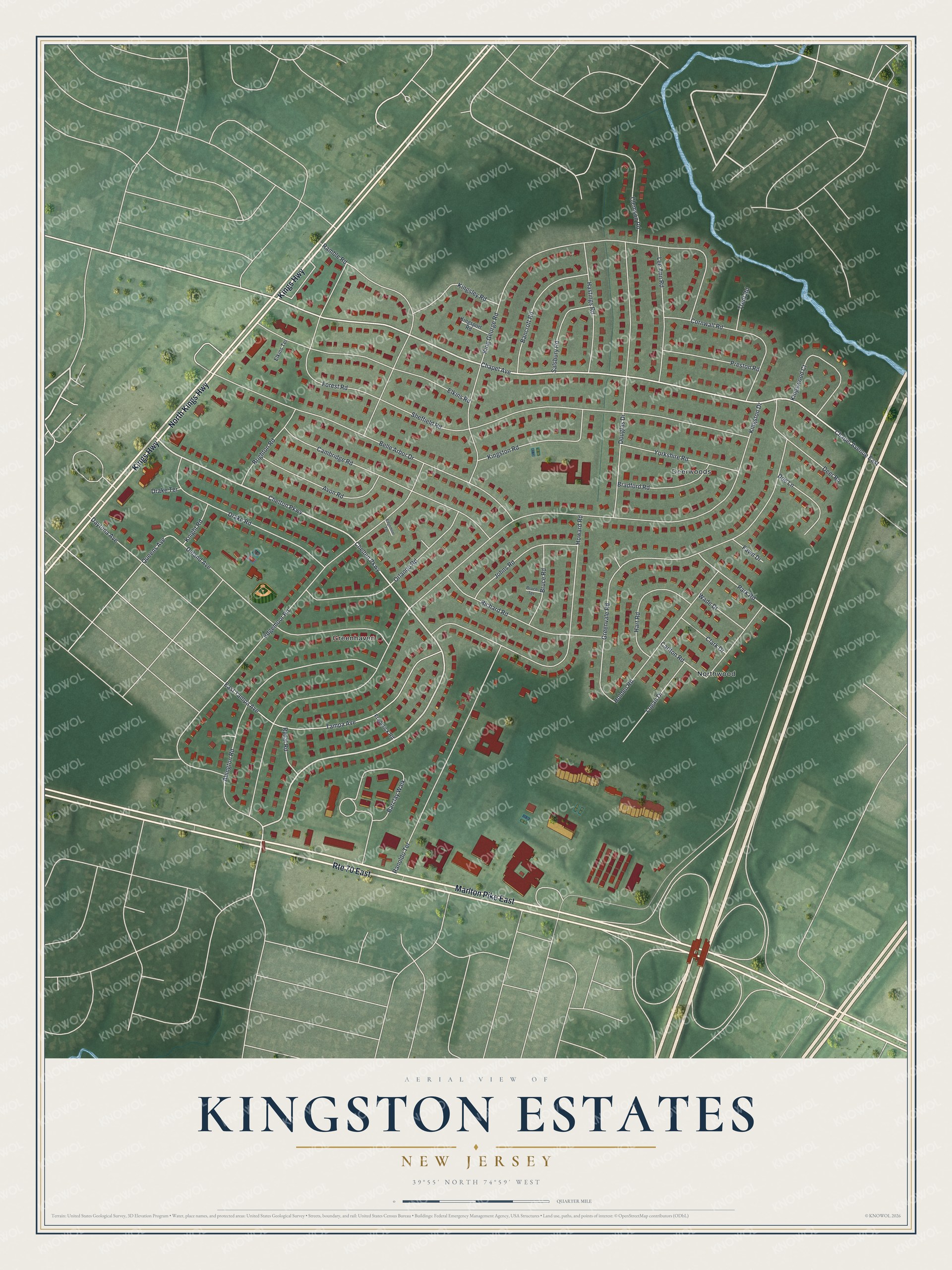 Full map of Kingston Estates, New Jersey, with red buildings, printed street names and the land around them