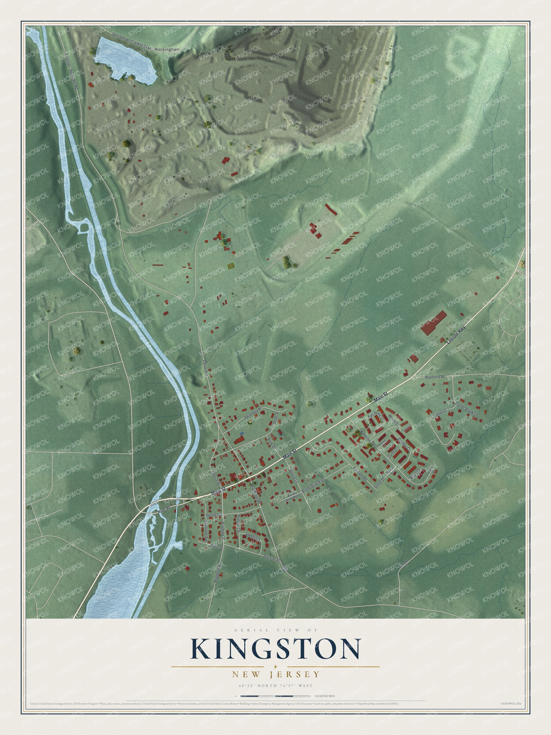 Full map of Kingston, New Jersey, with red buildings, printed street names and the land around them