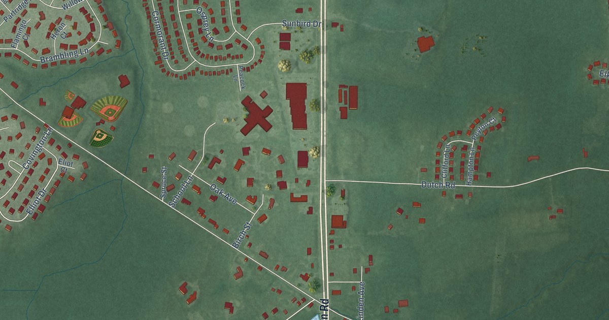Close-up of streets and buildings in Kresson, New Jersey