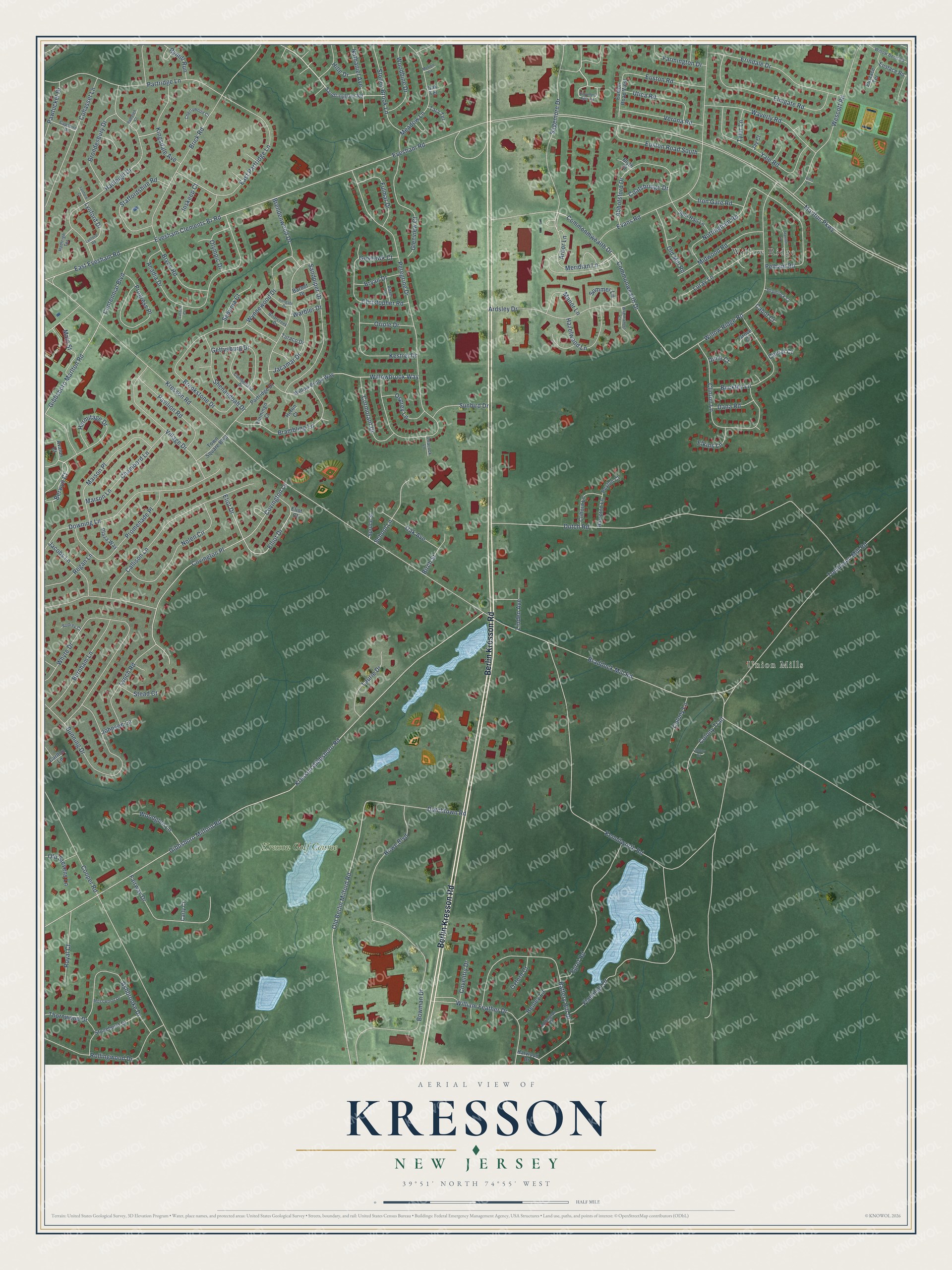 Full map of Kresson, New Jersey, with red buildings, printed street names and the land around them