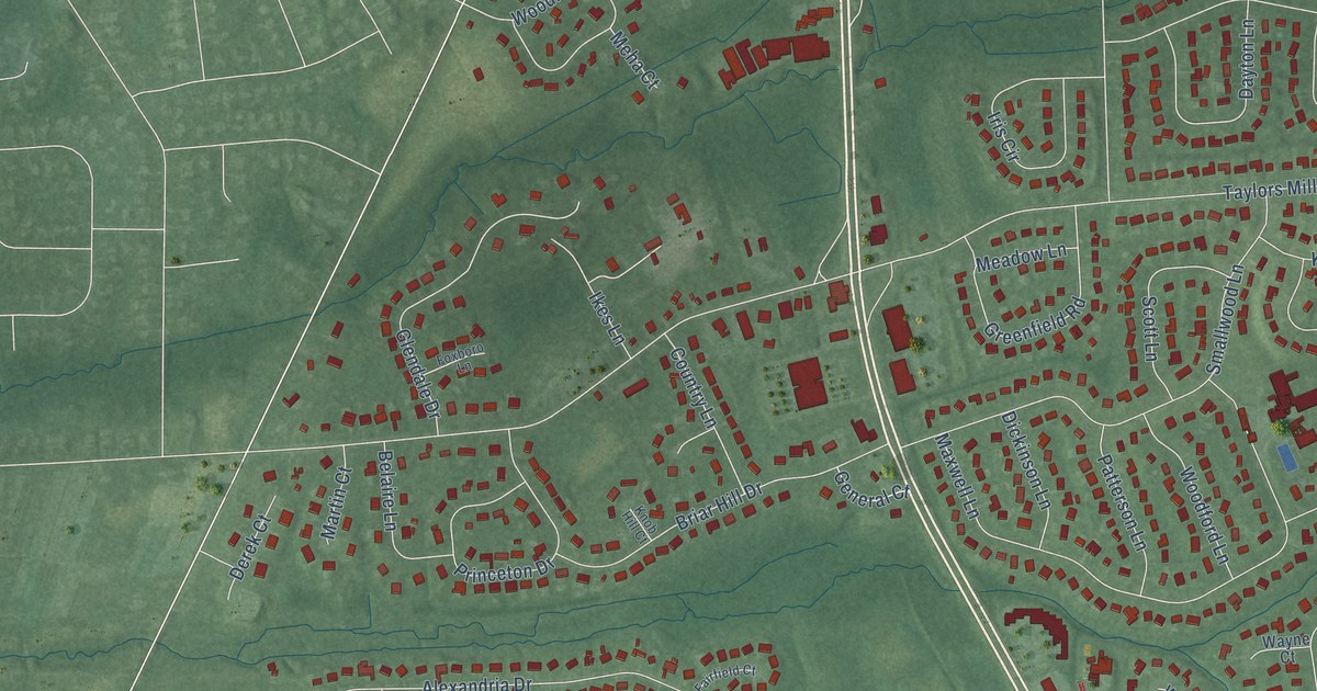 Close-up of streets and buildings in Lafayette Mills, New Jersey