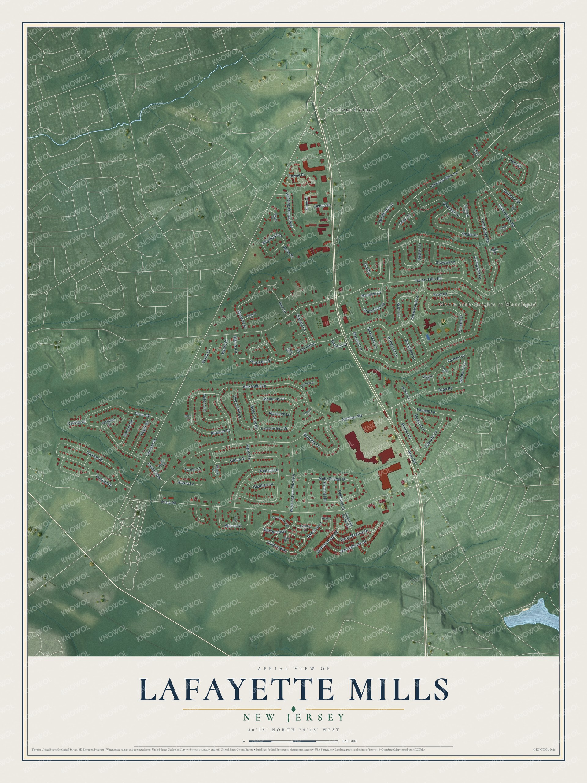 Full map of Lafayette Mills, New Jersey, with red buildings, printed street names and the land around them