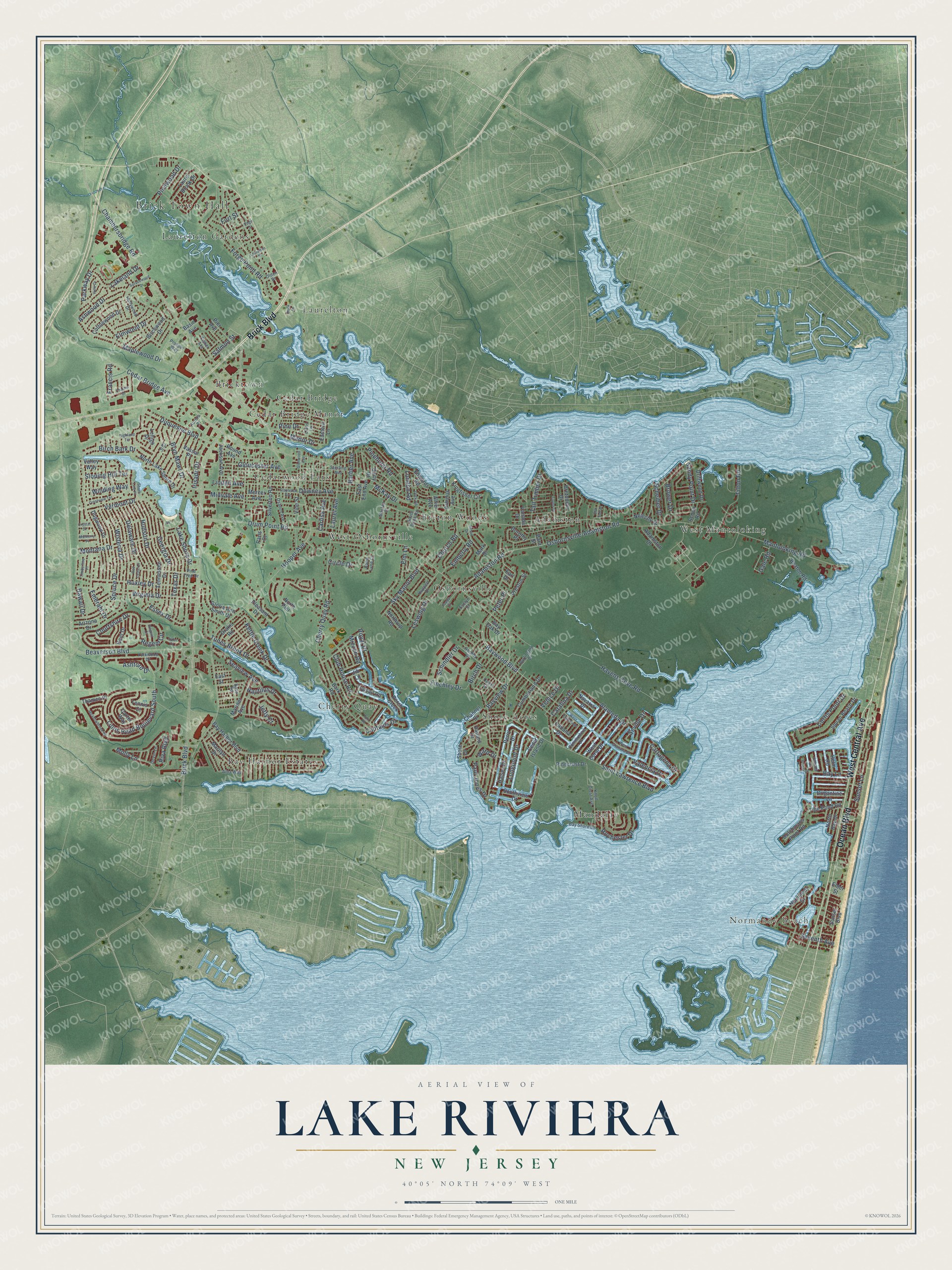 Full map of Lake Riviera, New Jersey, with red buildings, printed street names and the land around them
