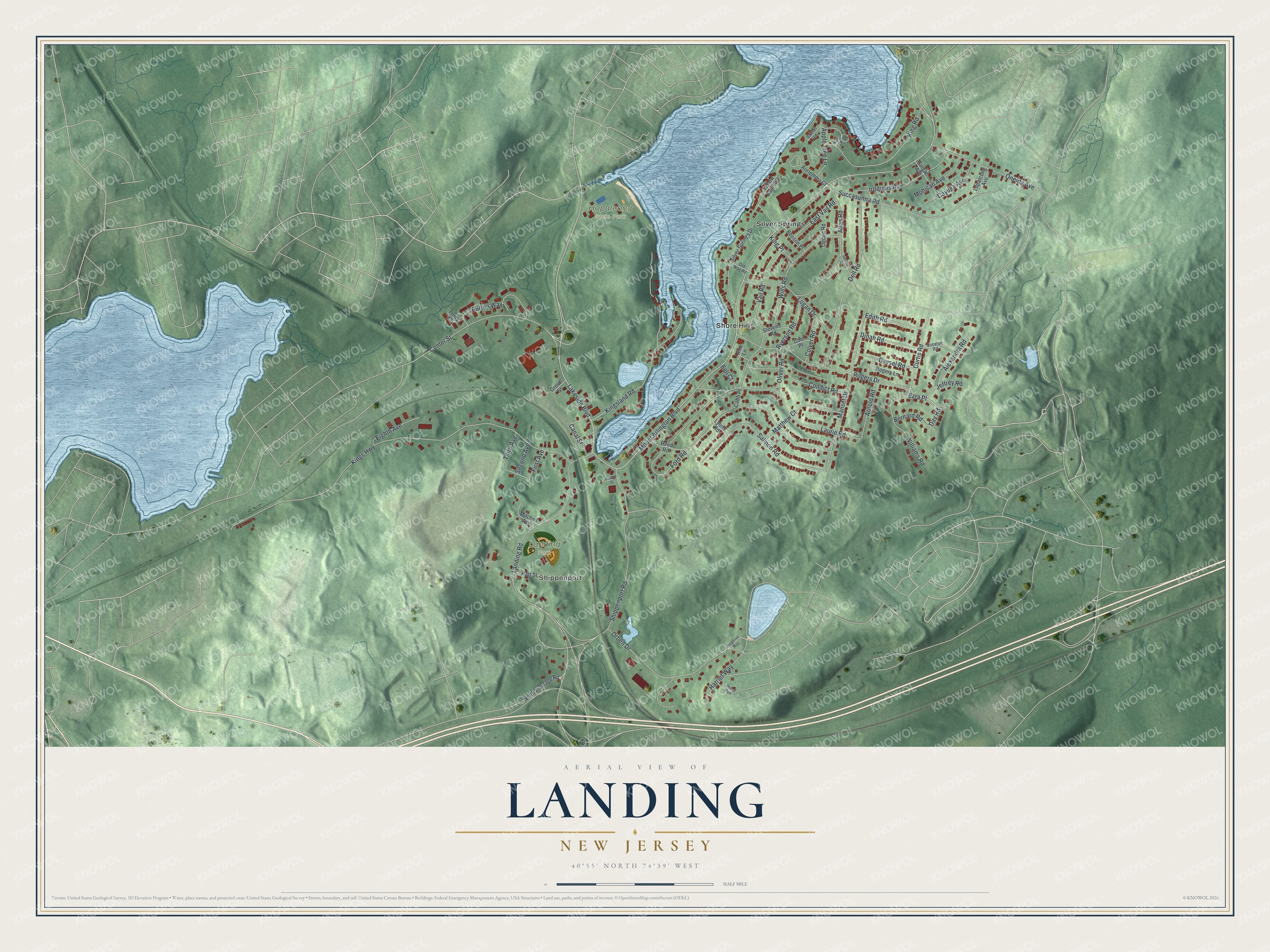 Full map of Landing, New Jersey, with red buildings, printed street names and the land around them
