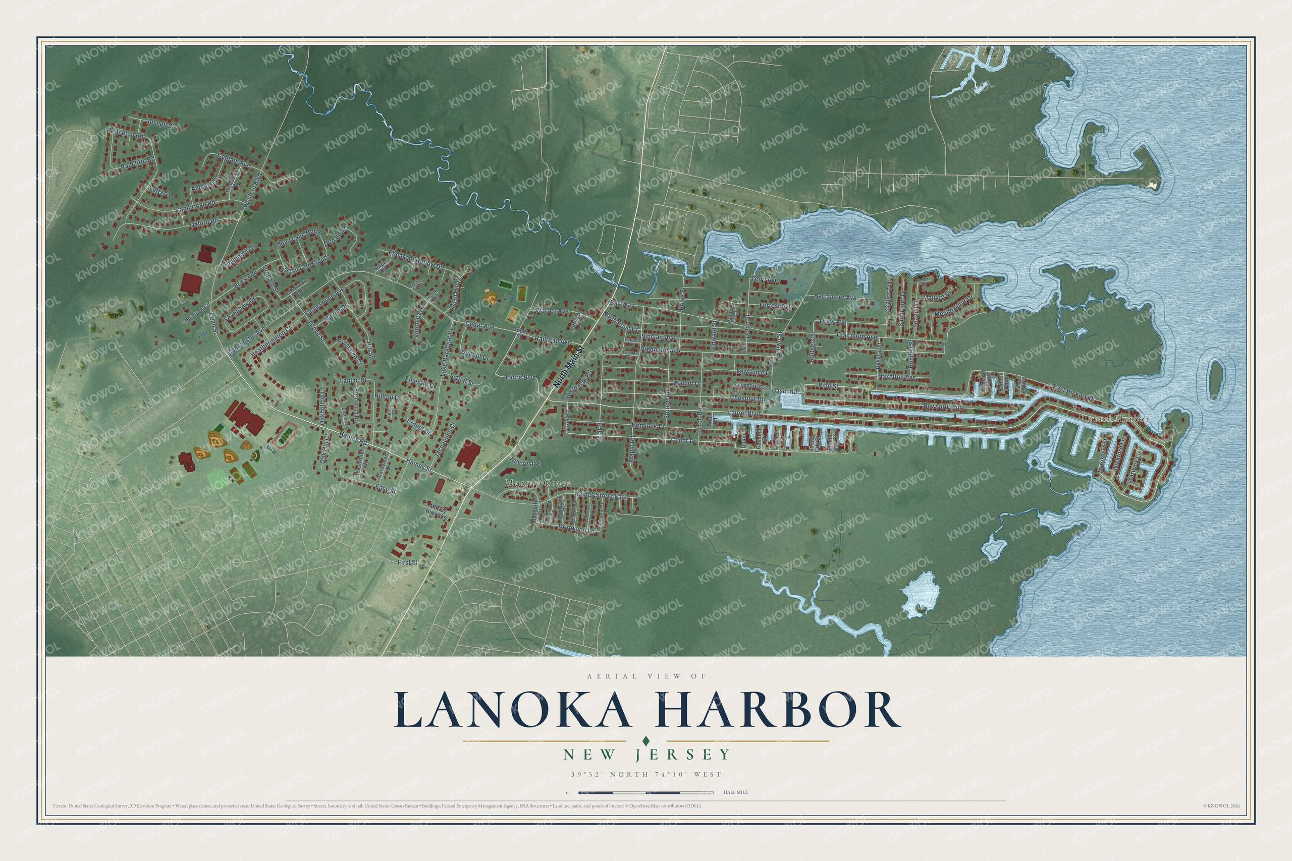 Full map of Lanoka Harbor, New Jersey, with red buildings, printed street names and the land around them