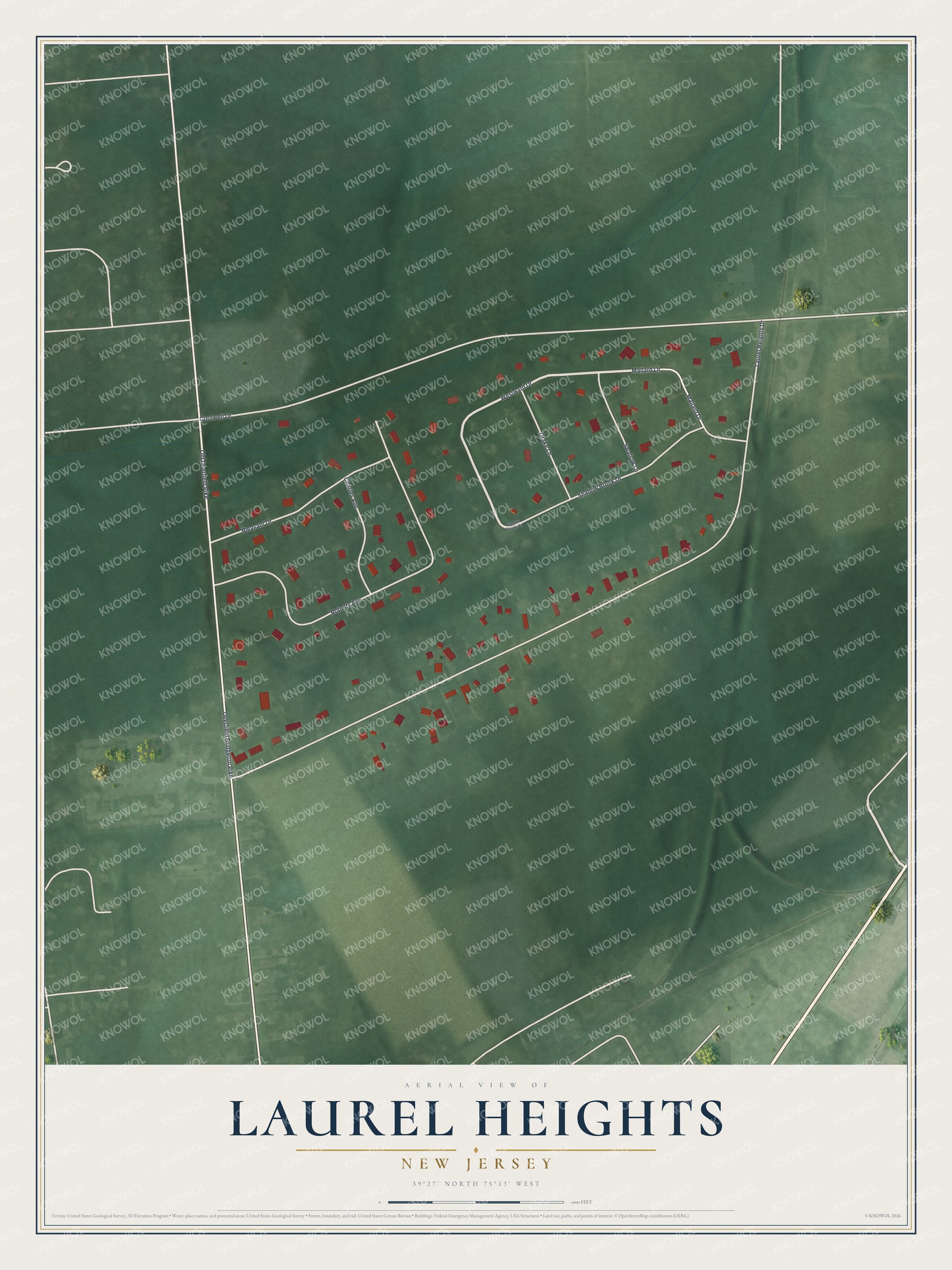 Full map of Laurel Heights, New Jersey, with red buildings, printed street names and the land around them