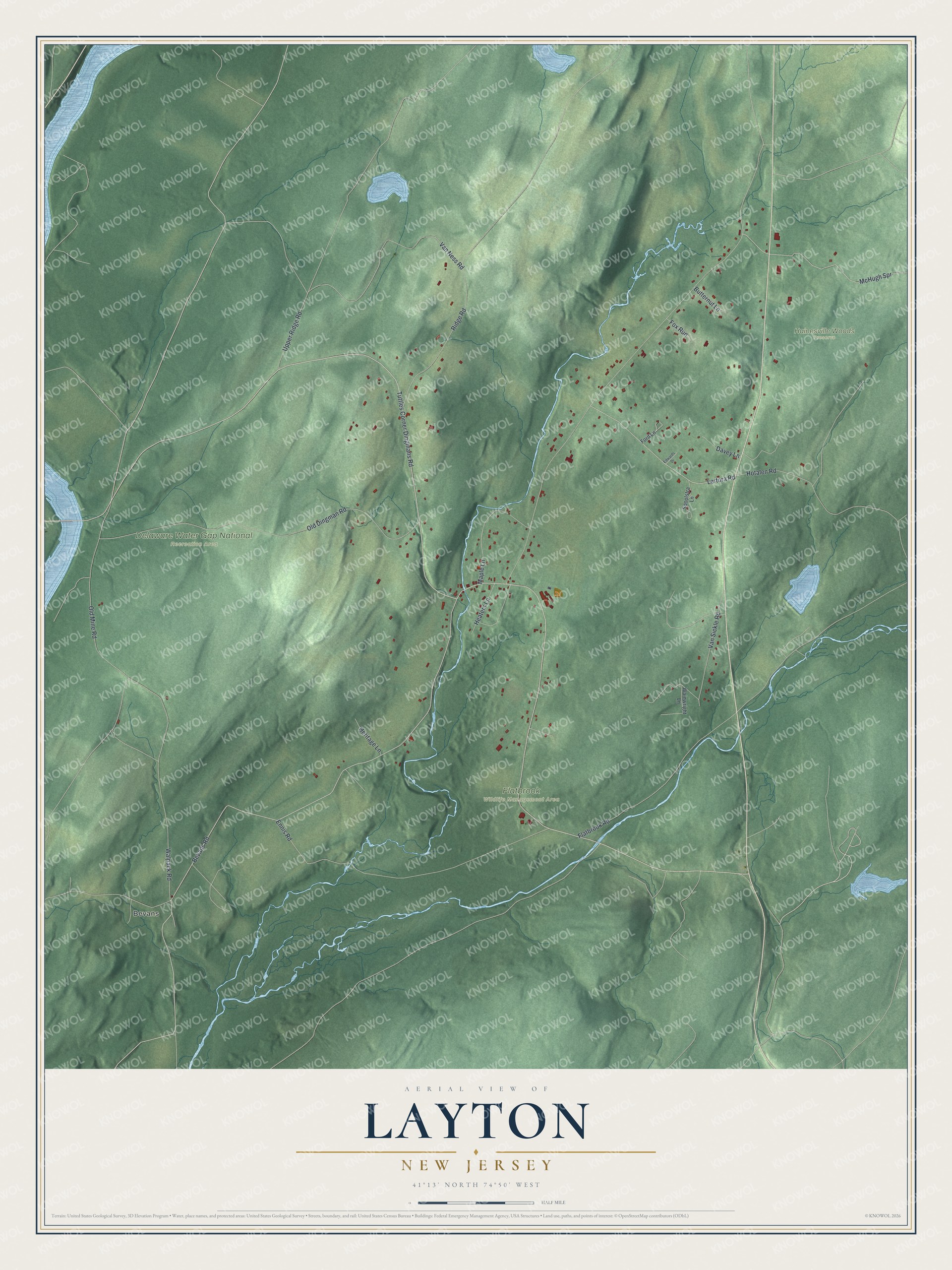 Full map of Layton, New Jersey, with red buildings, printed street names and the land around them