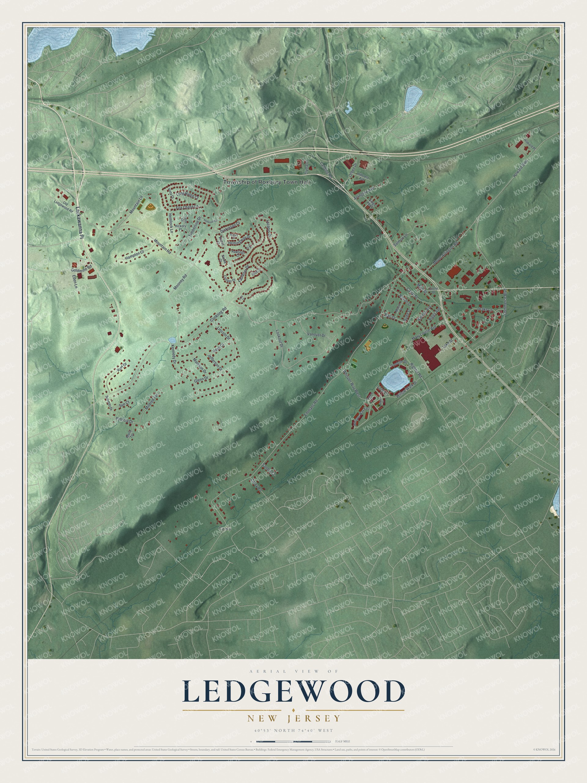Full map of Ledgewood, New Jersey, with red buildings, printed street names and the land around them