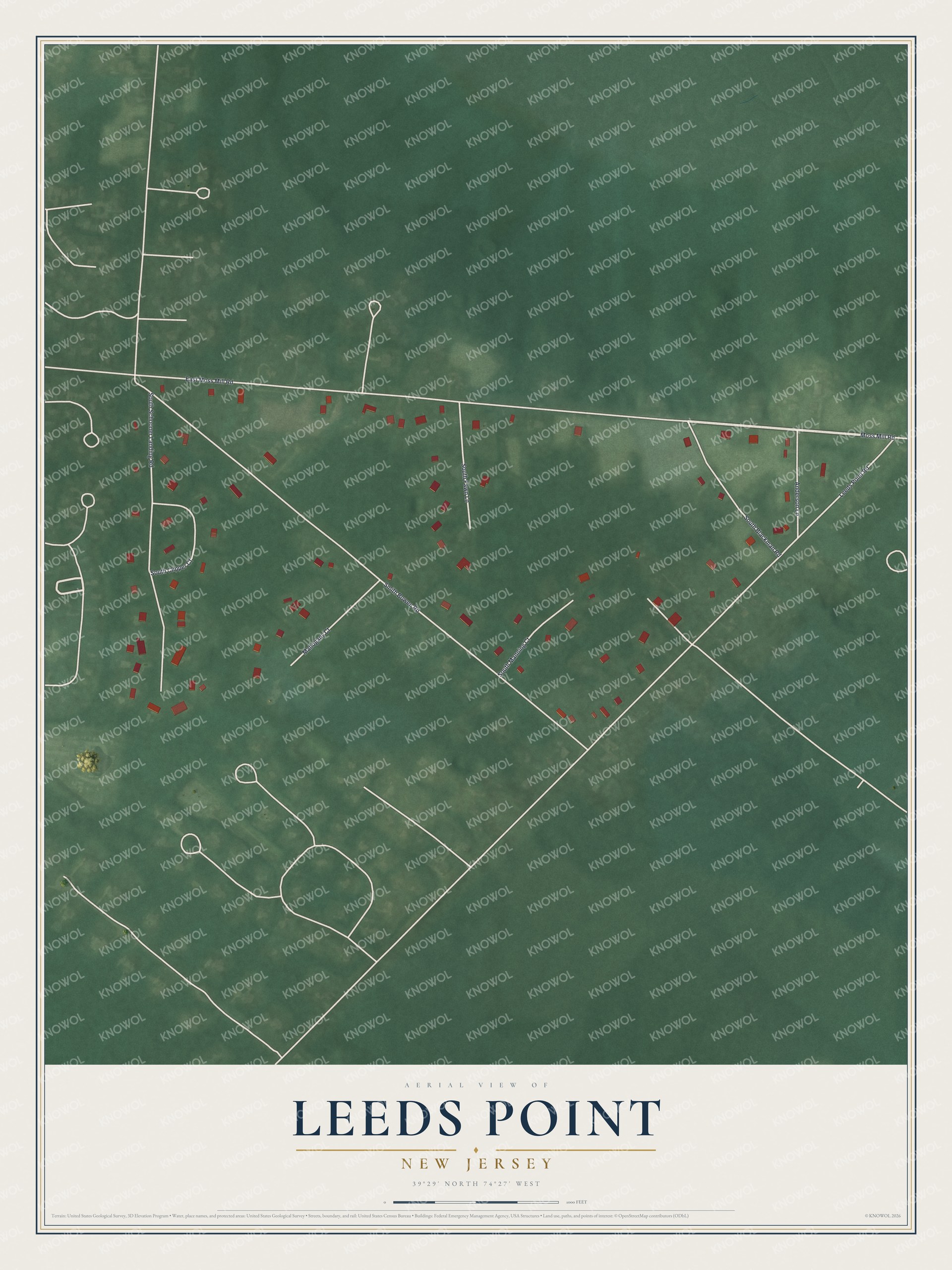Full map of Leeds Point, New Jersey, with red buildings, printed street names and the land around them