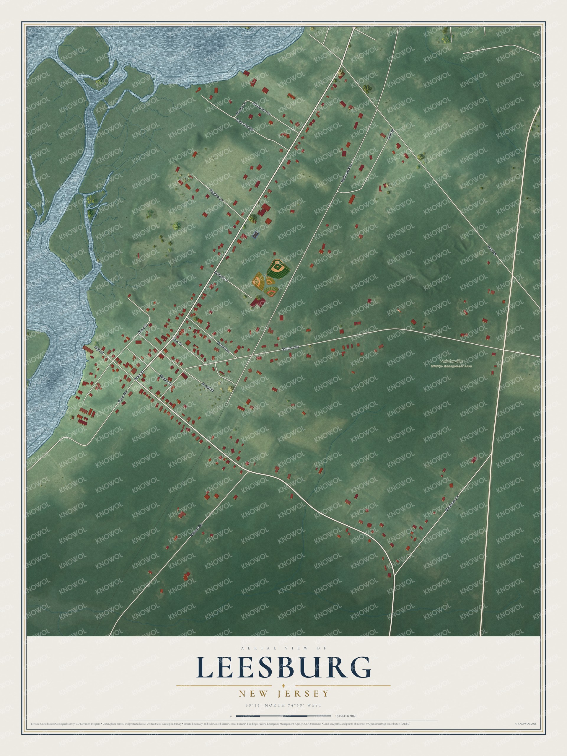Full map of Leesburg, New Jersey, with red buildings, printed street names and the land around them