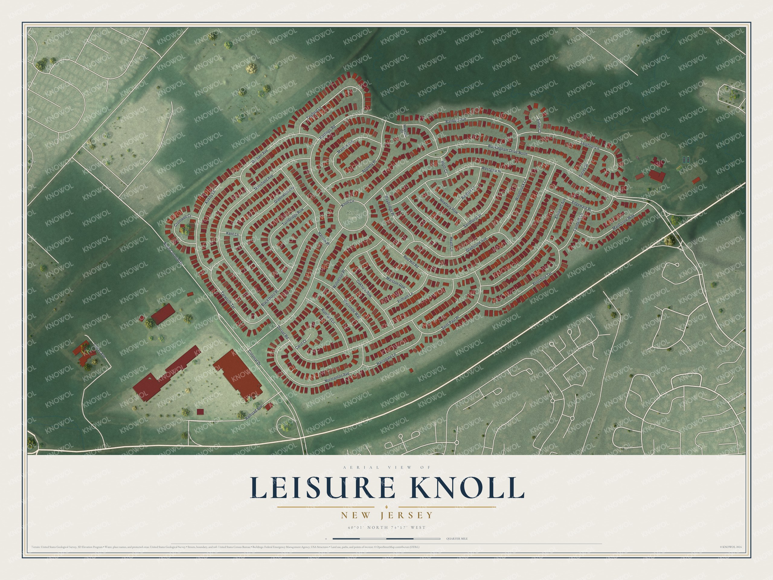 Full map of Leisure Knoll, New Jersey, with red buildings, printed street names and the land around them