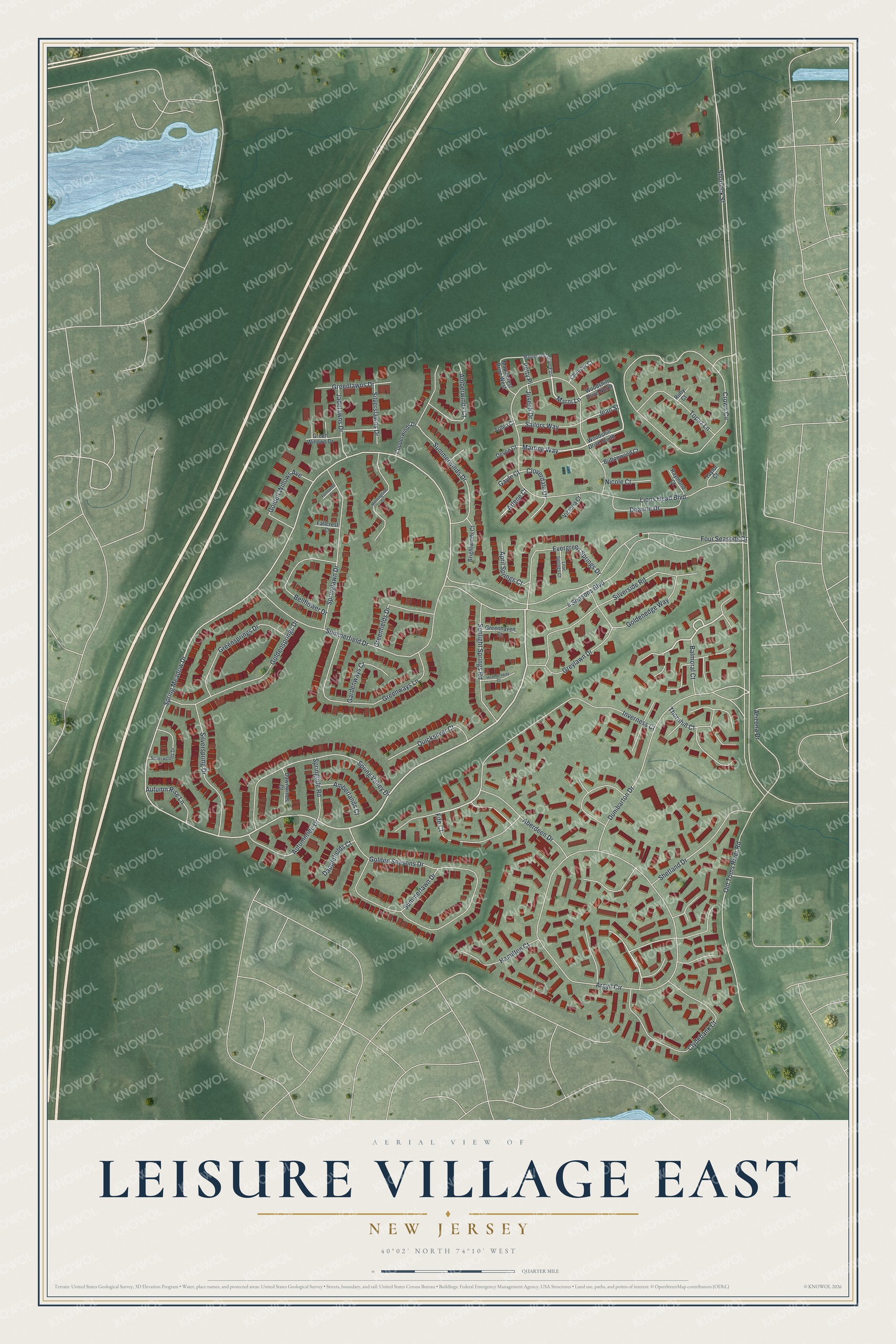Full map of Leisure Village East, New Jersey, with red buildings, printed street names and the land around them