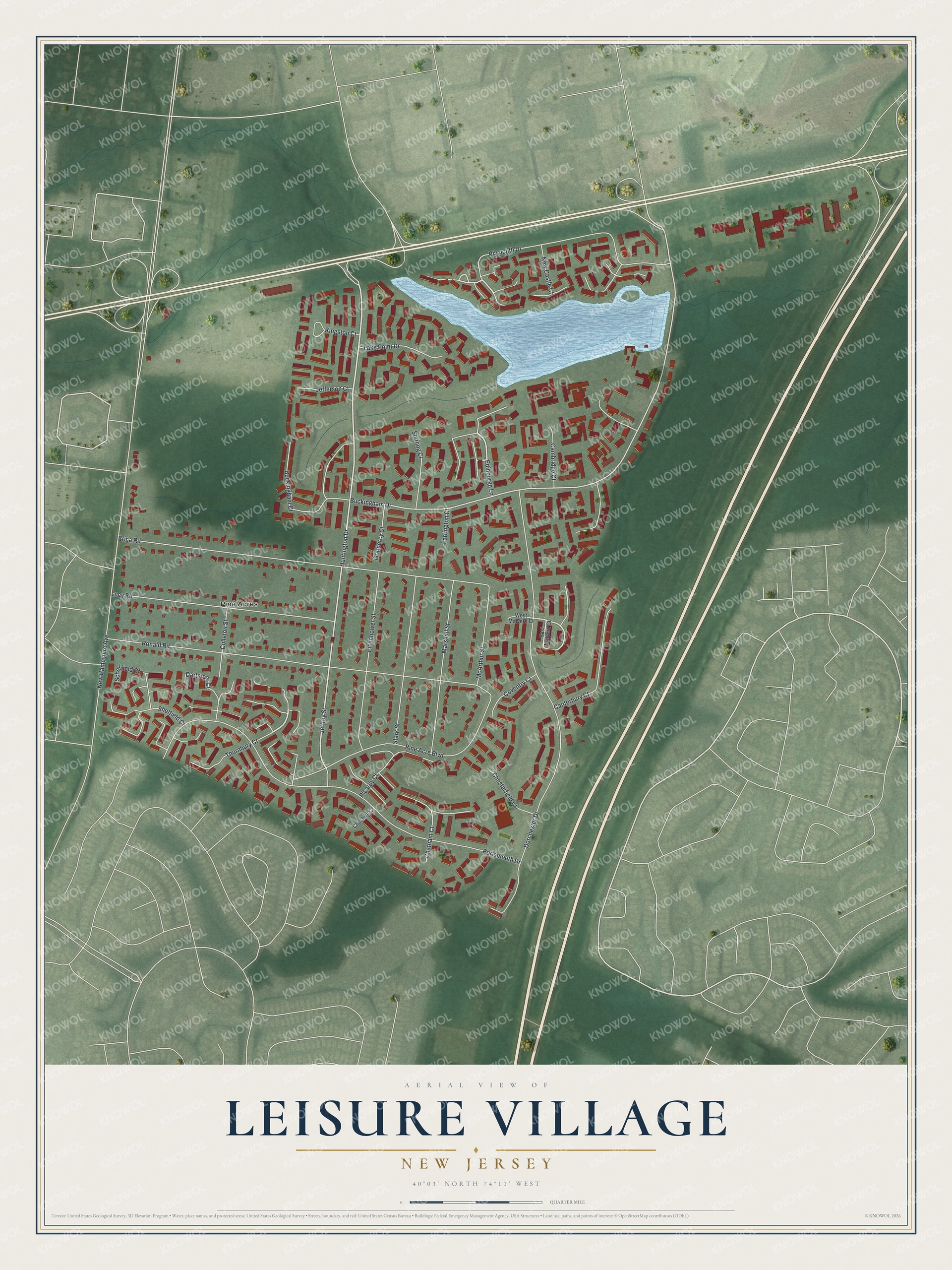 Full map of Leisure Village, New Jersey, with red buildings, printed street names and the land around them