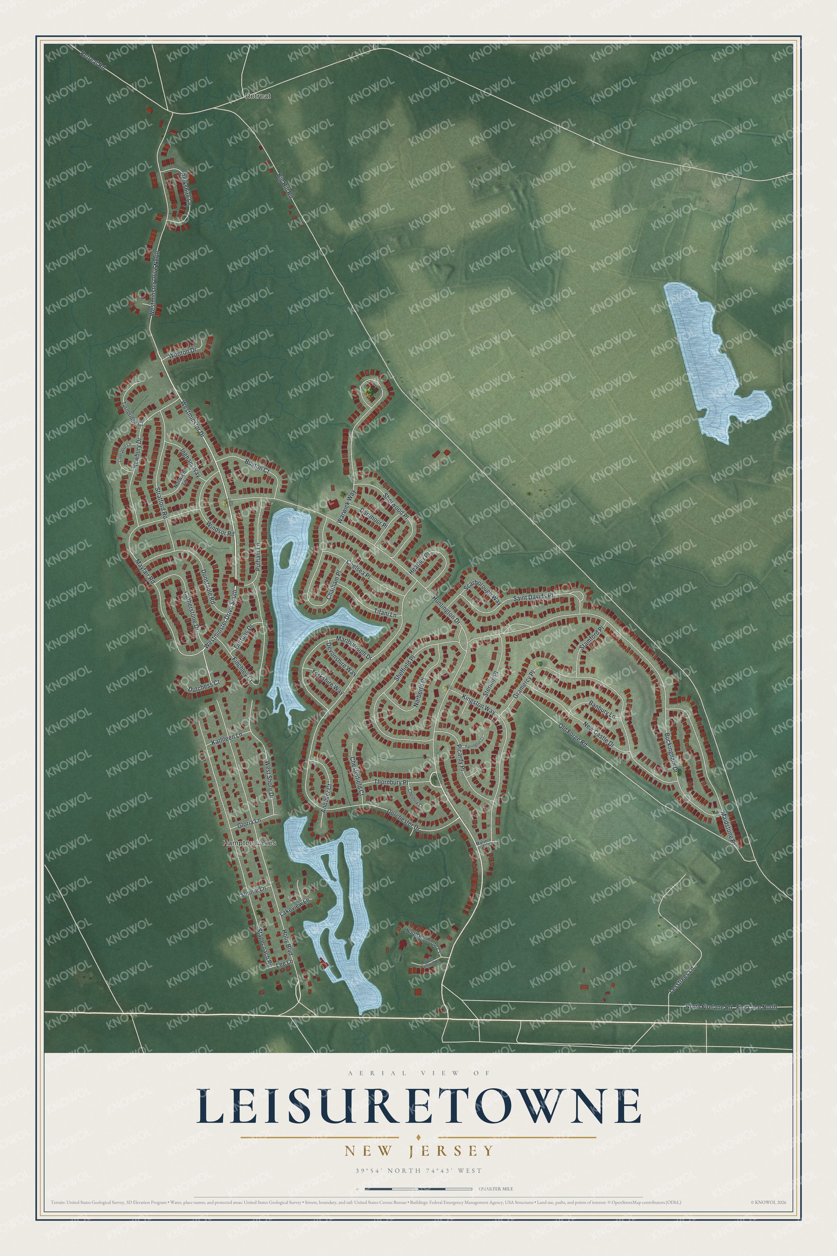 Full map of Leisuretowne, New Jersey, with red buildings, printed street names and the land around them