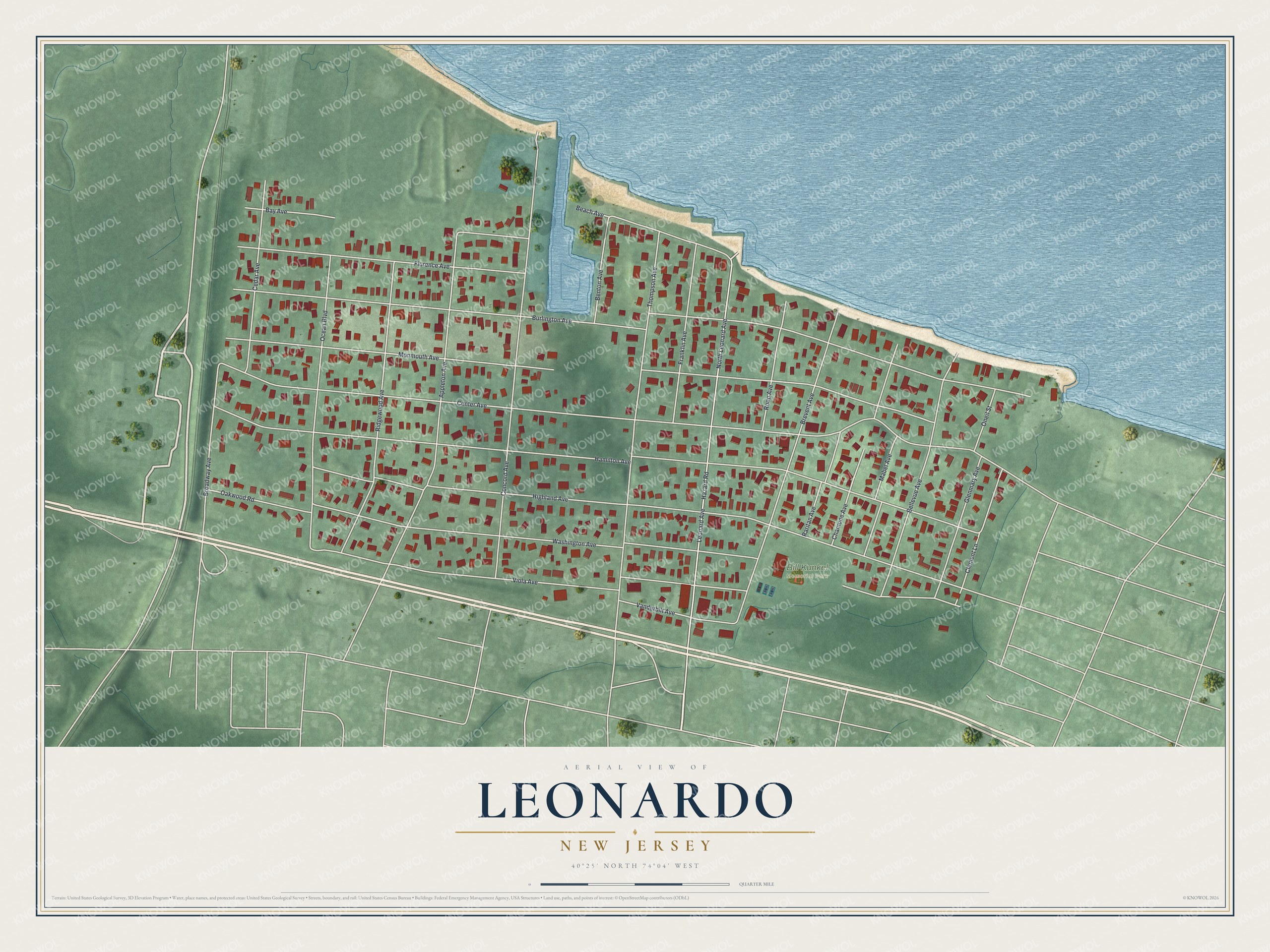 Full map of Leonardo, New Jersey, with red buildings, printed street names and the land around them