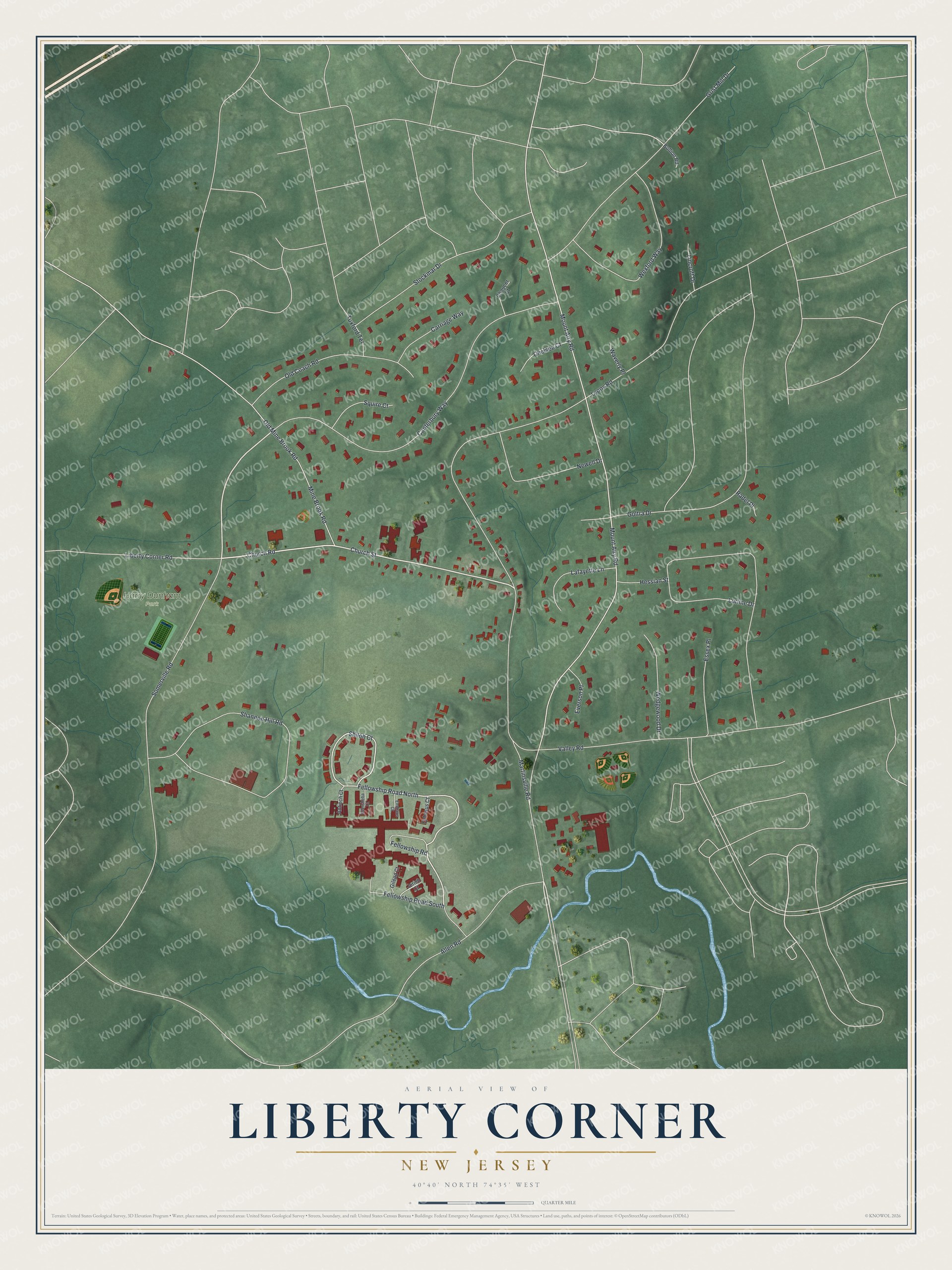 Full map of Liberty Corner, New Jersey, with red buildings, printed street names and the land around them