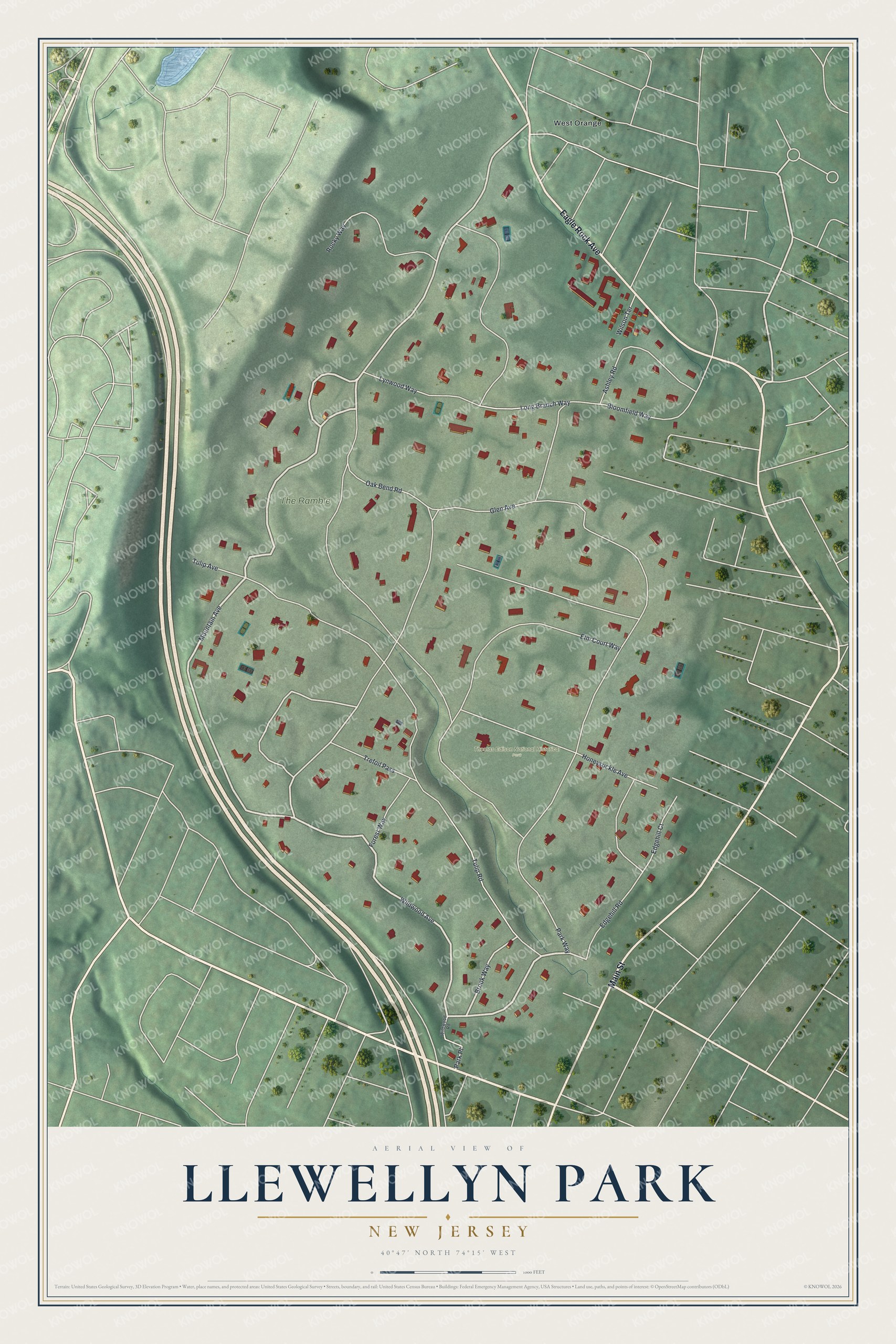 Full map of Llewellyn Park, New Jersey, with red buildings, printed street names and the land around them