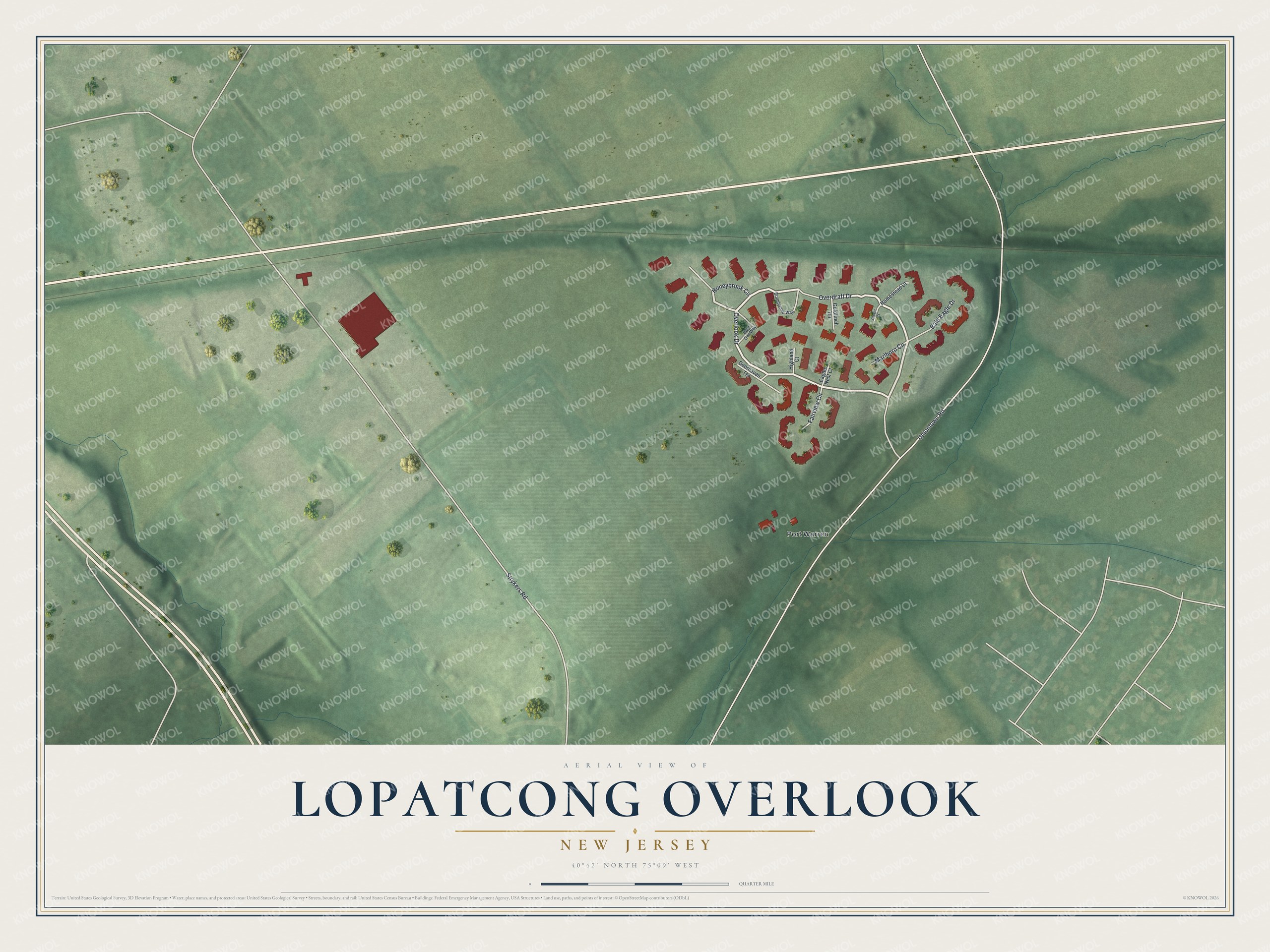 Full map of Lopatcong Overlook, New Jersey, with red buildings, printed street names and the land around them