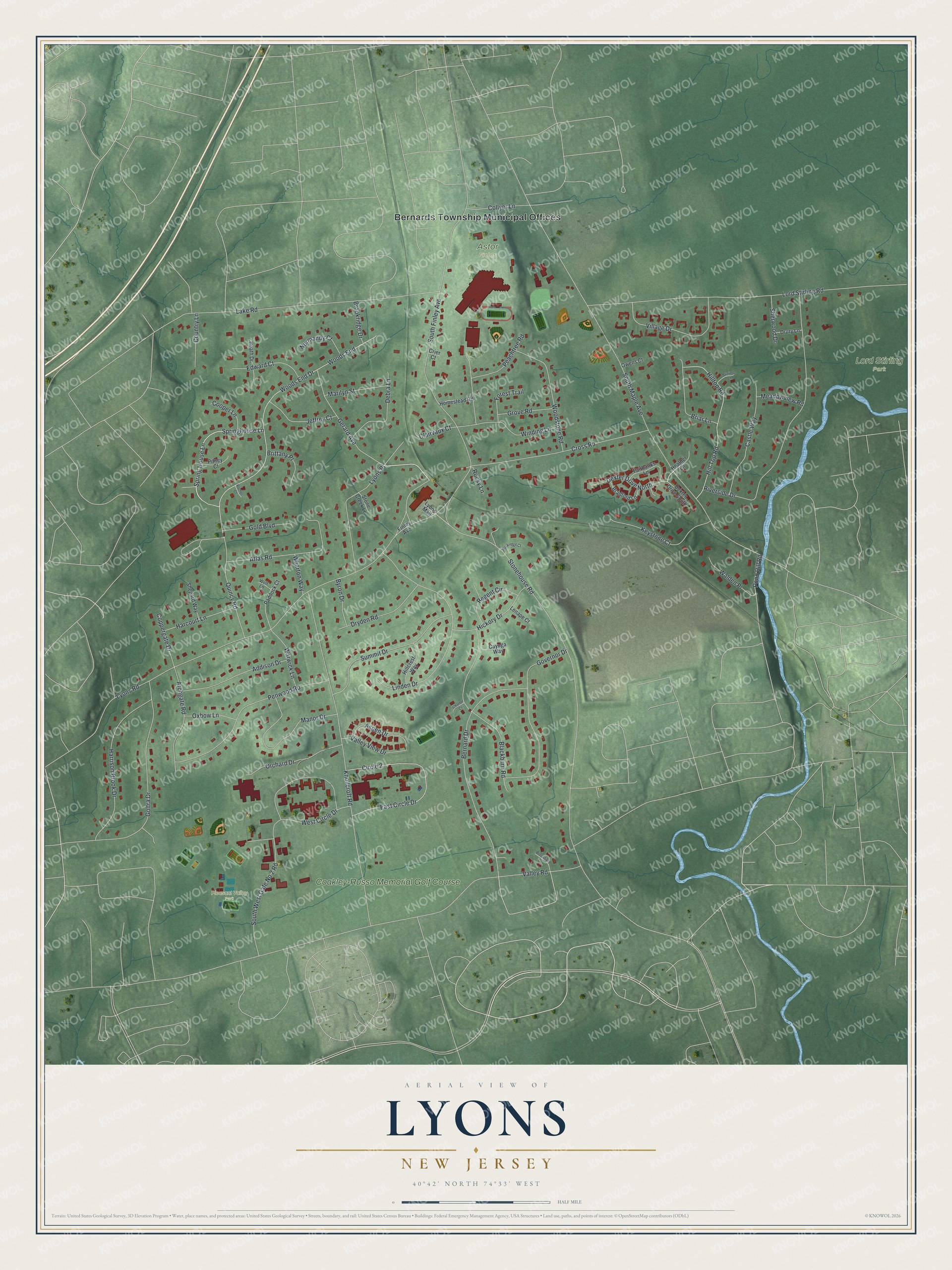 Full map of Lyons, New Jersey, with red buildings, printed street names and the land around them