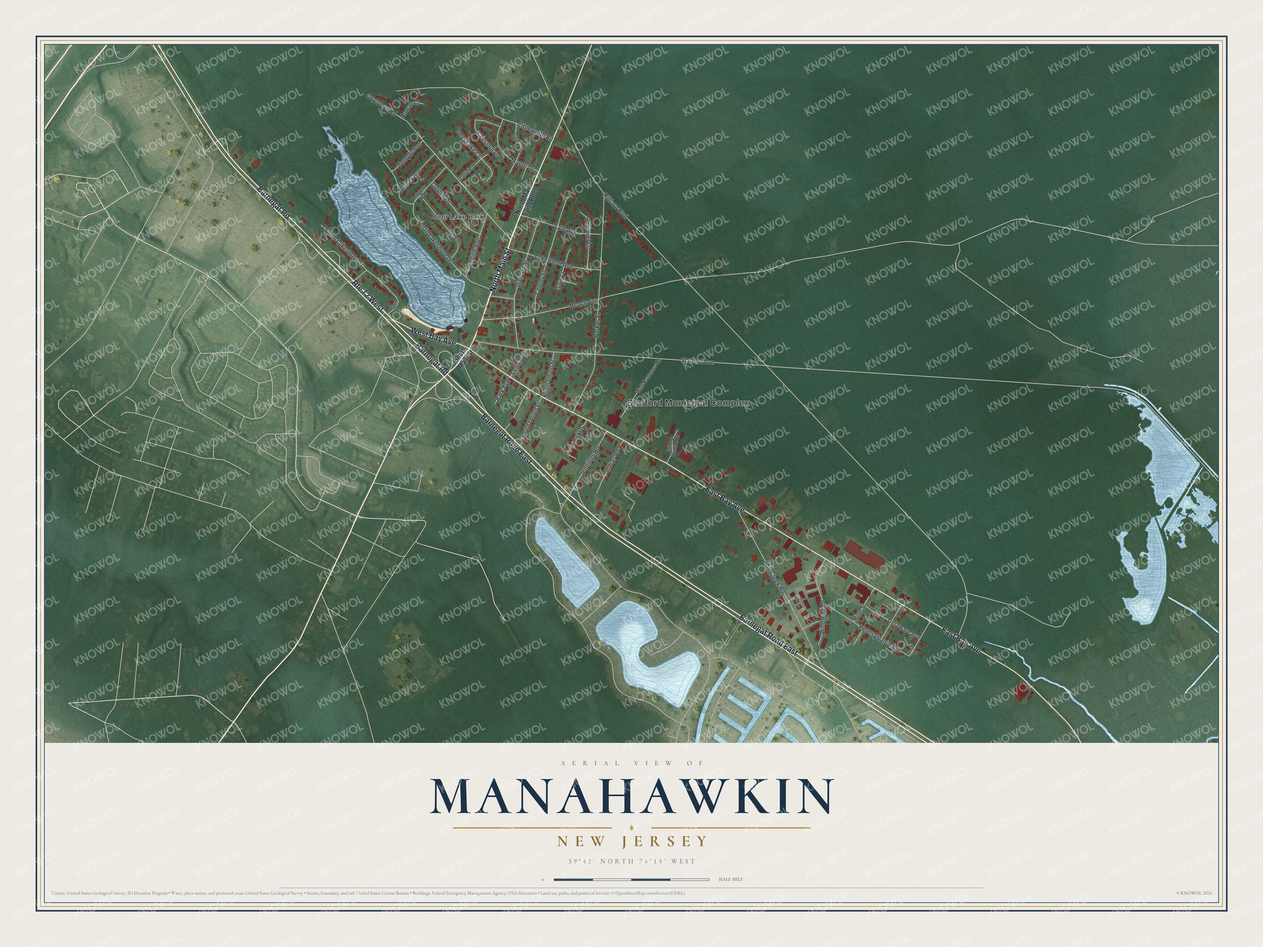 Full map of Manahawkin, New Jersey, with red buildings, printed street names and the land around them