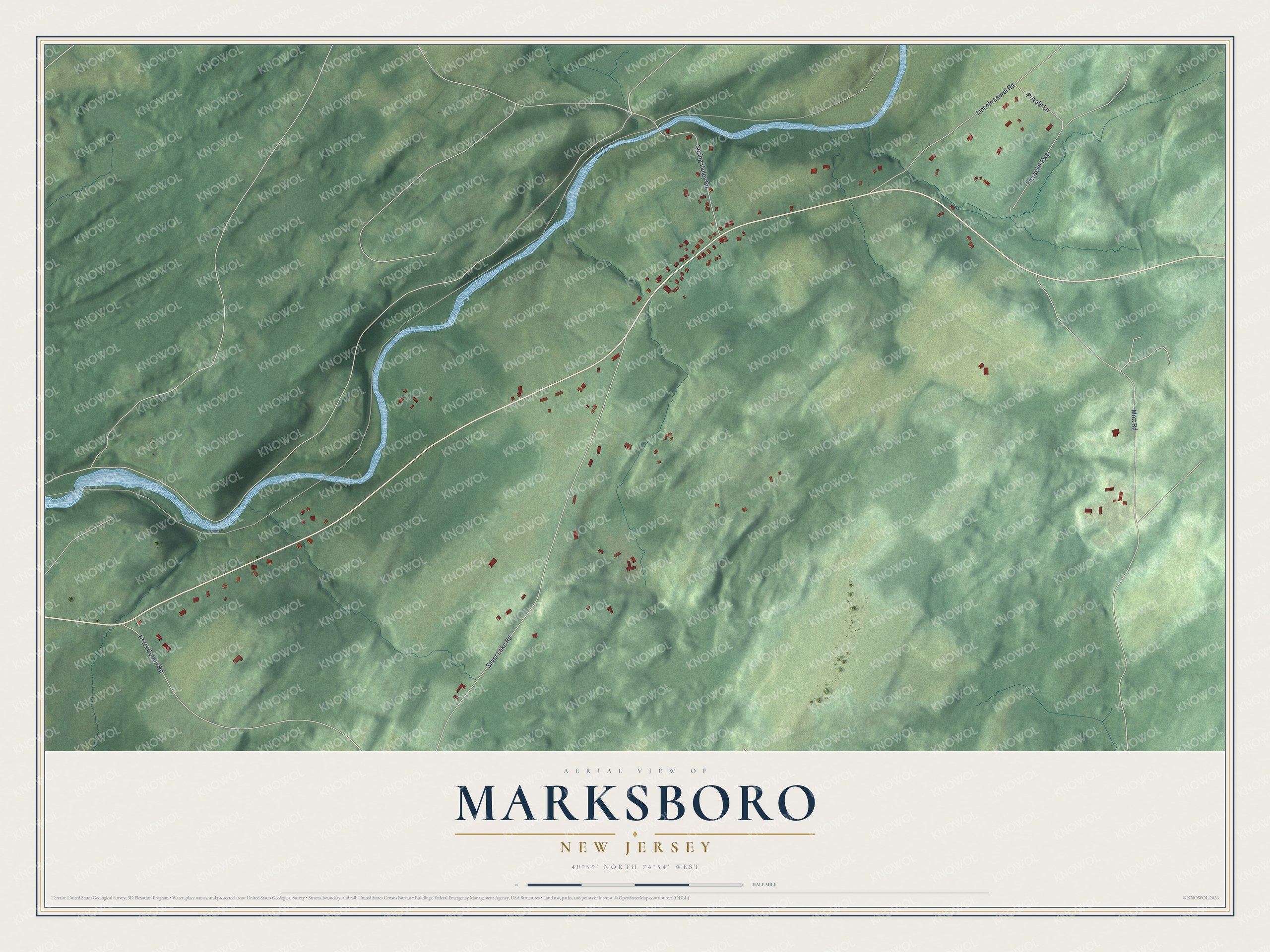 Full map of Marksboro, New Jersey, with red buildings, printed street names and the land around them