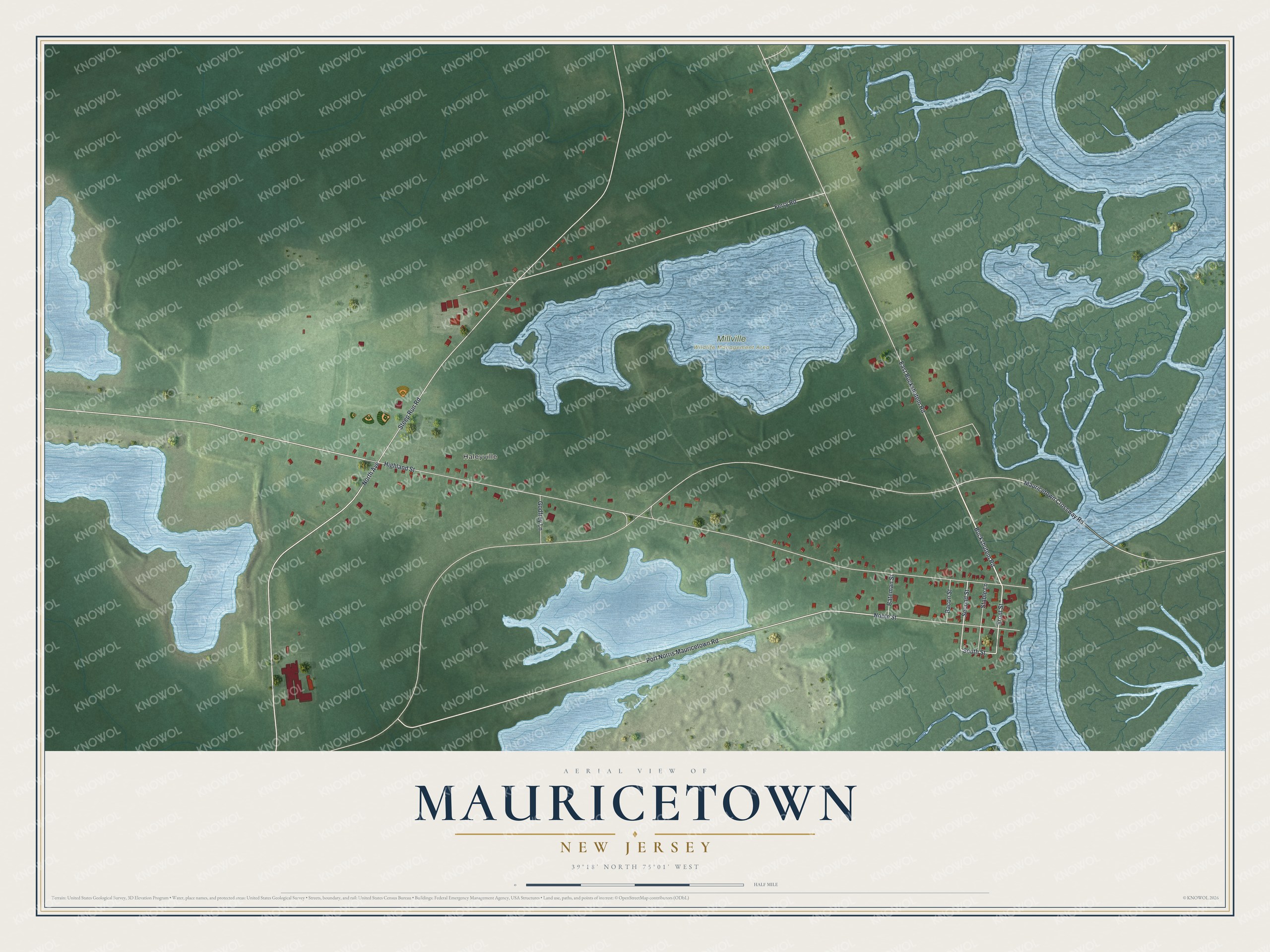 Full map of Mauricetown, New Jersey, with red buildings, printed street names and the land around them