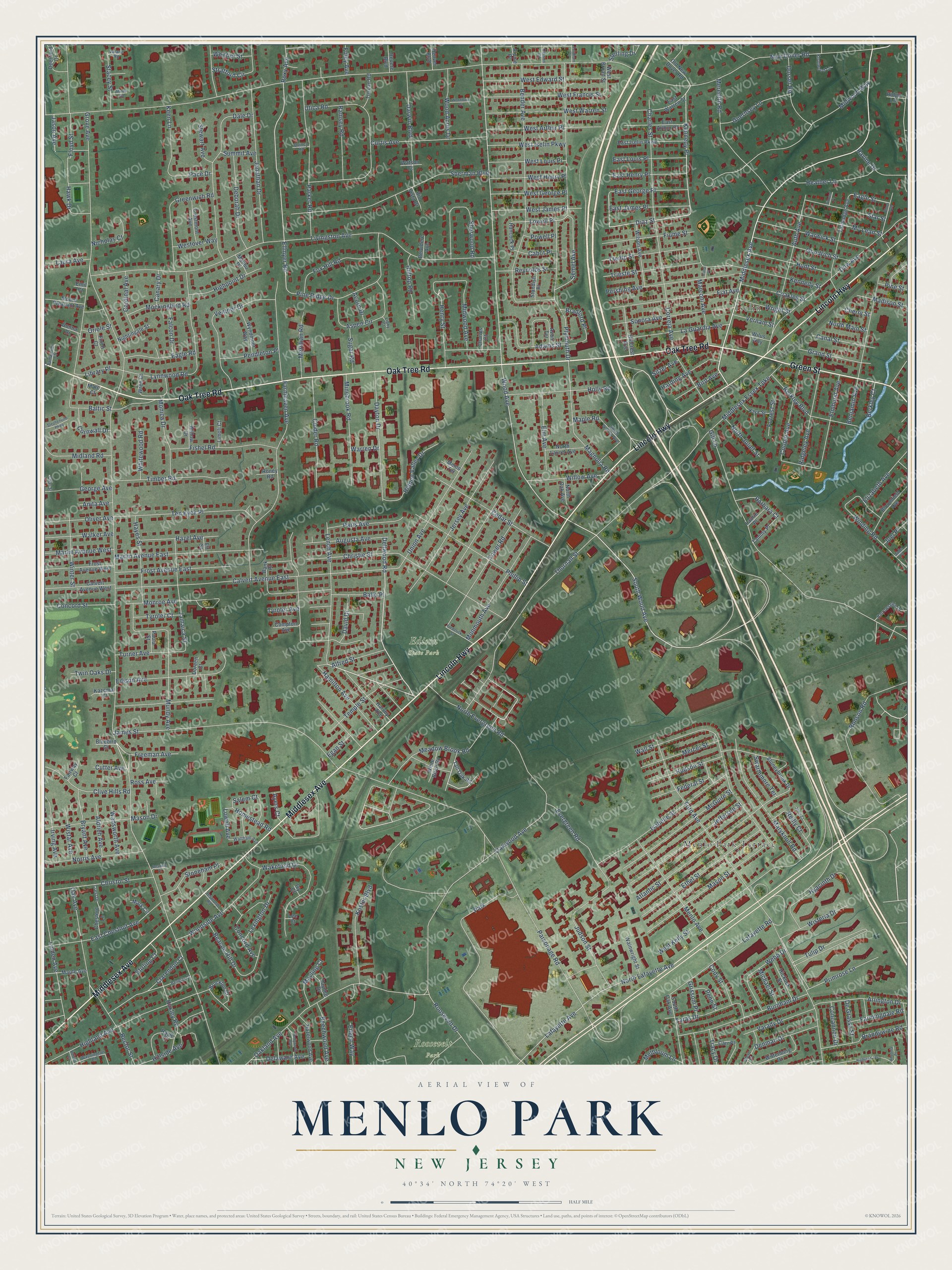 Full map of Menlo Park, New Jersey, with red buildings, printed street names and the land around them