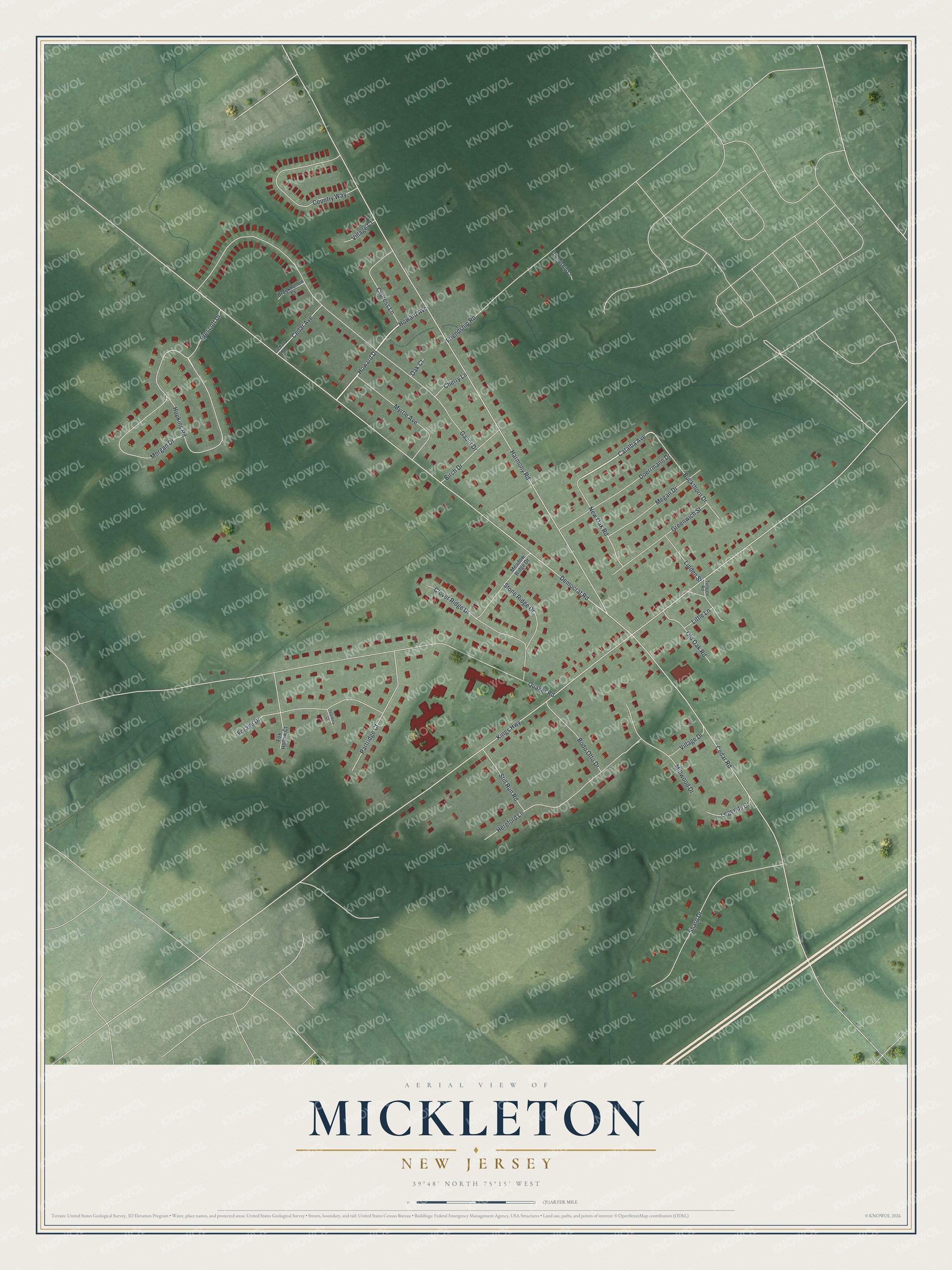 Full map of Mickleton, New Jersey, with red buildings, printed street names and the land around them